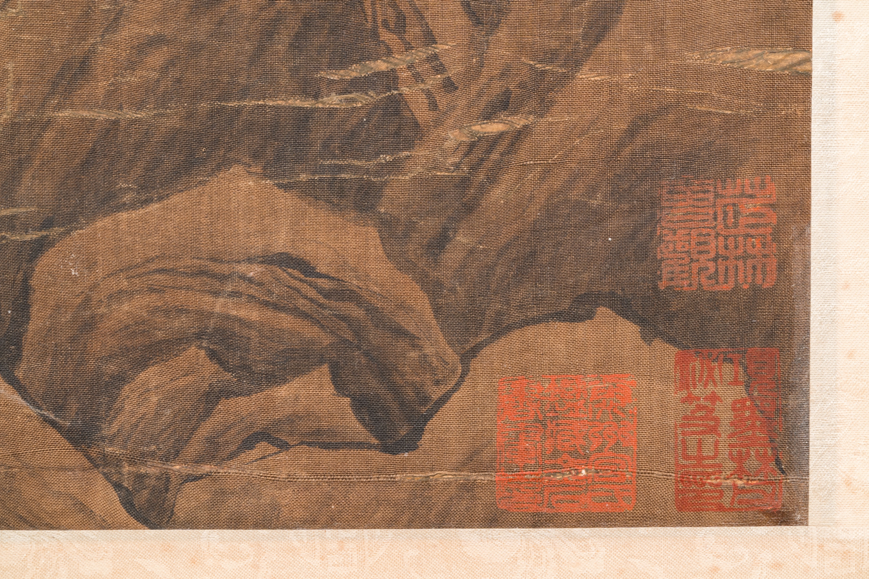 Chinese school: 'Landscape with a scholar and his servants', ink and colour on silk, Ming - Image 7 of 7