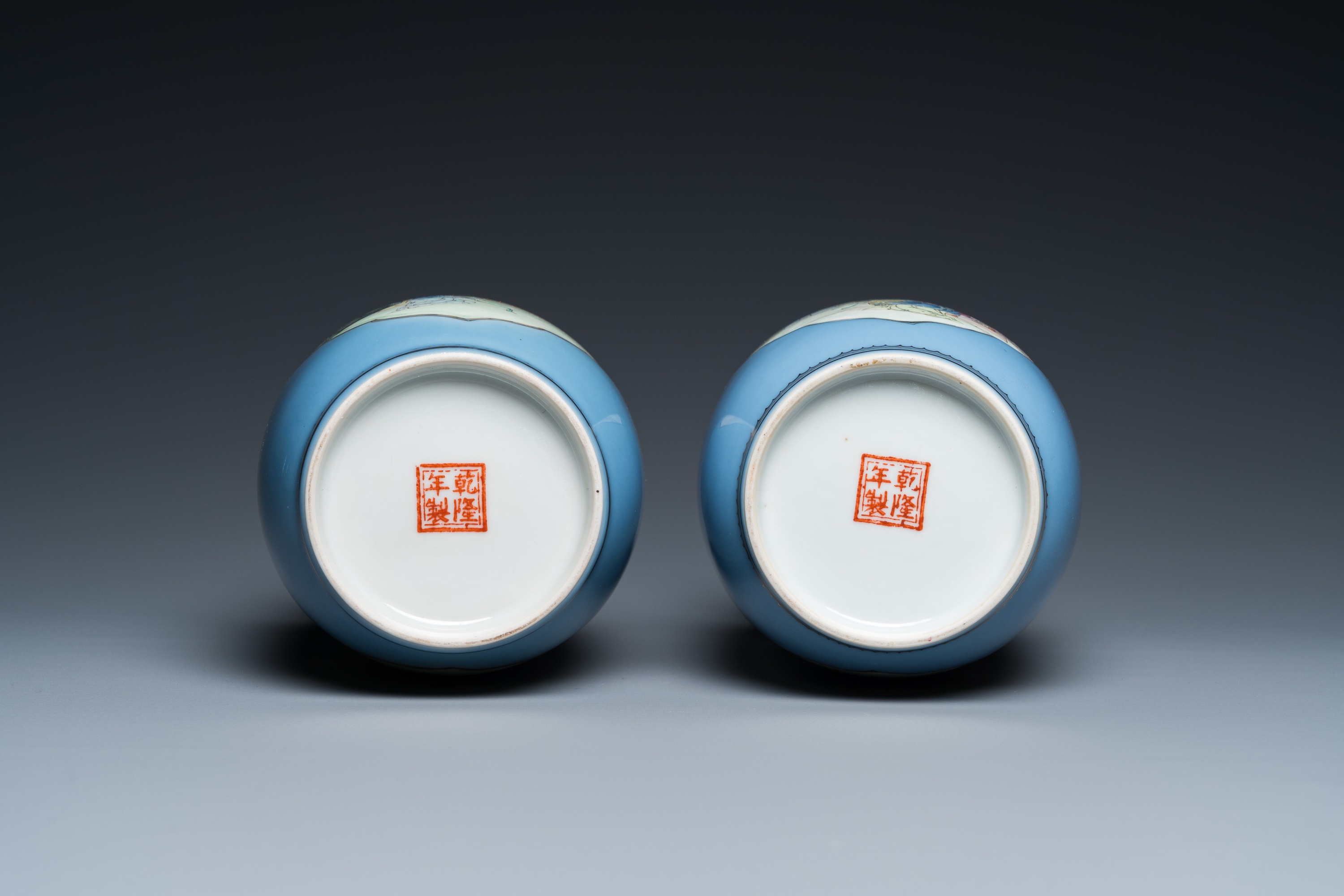 A pair of Chinese famille rose lavender blue-ground vases, Qianlong mark, Republic - Image 6 of 6