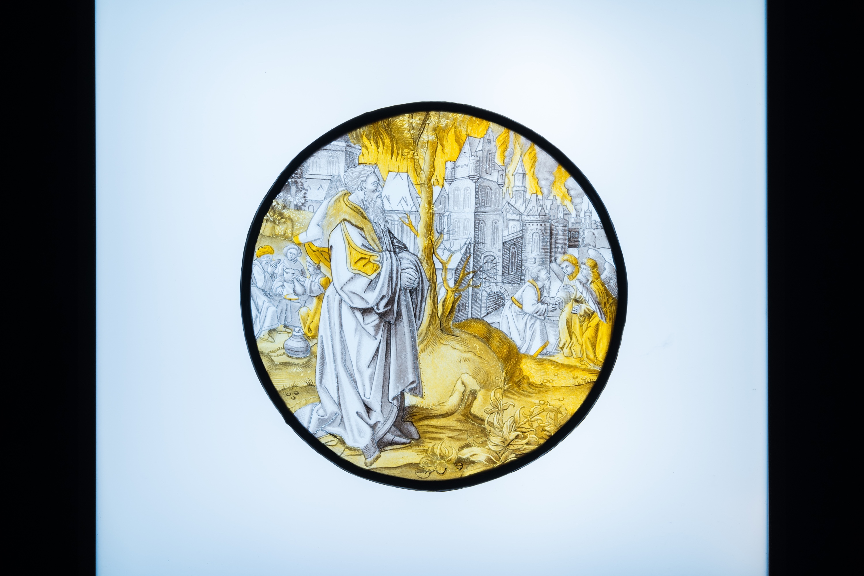 Two painted glass roundels depicting 'The Last Judgment' & 'Abraham sees Sodom in flames', Southern - Image 4 of 7