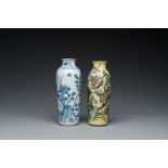 Two Chinese blue and white and famille jaune rouleau vases, Transitional period and 19th C.