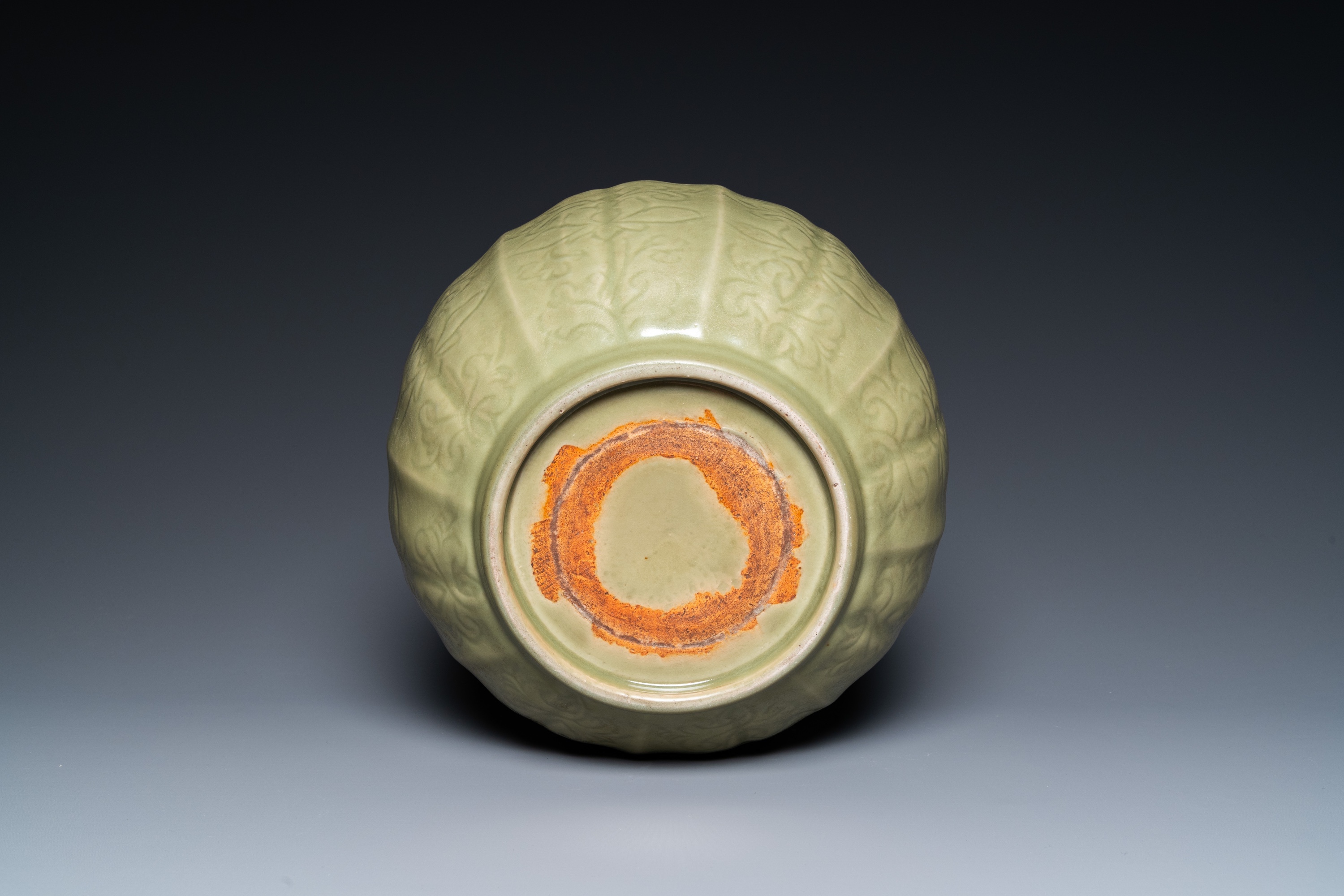 A large Chinese Longquan celadon bowl with underglaze lotus design, Ming - Image 7 of 17