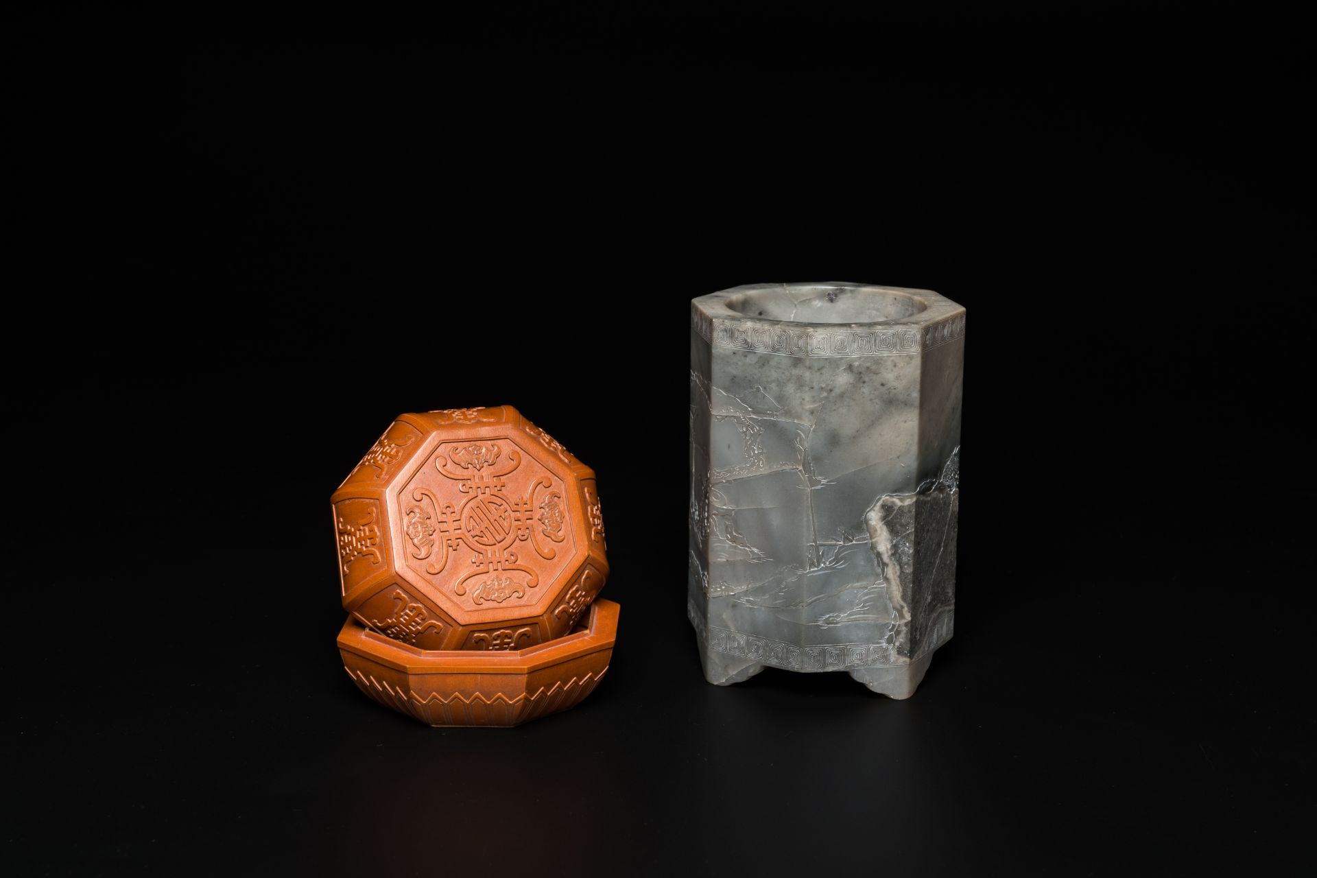 A Chinese grey jade brush pot and an octagonal wooden box and cover, Republic