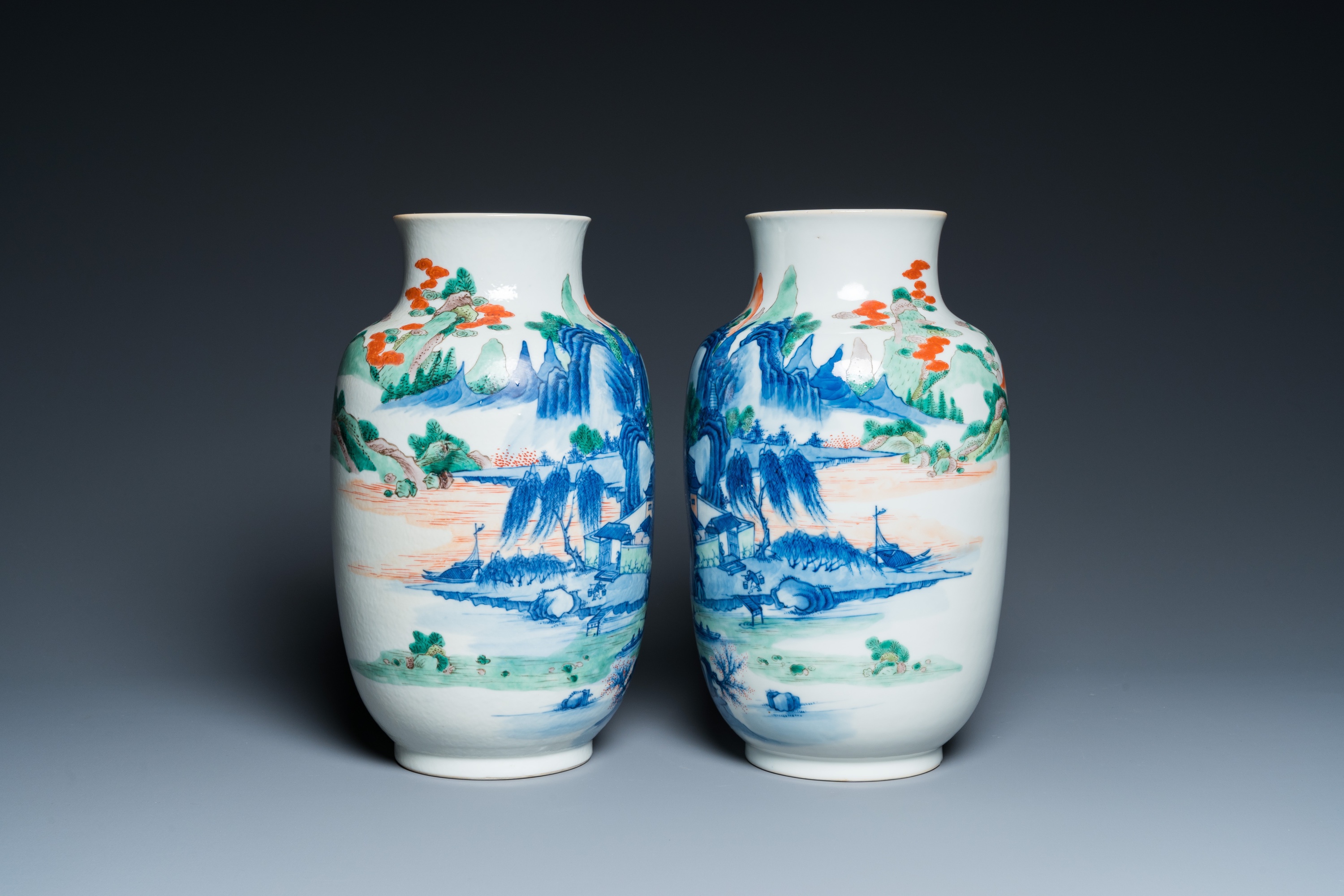 A pair of Chinese famille verte vases with fine landscapes, Yongzheng mark, 19/20th C. - Image 4 of 30