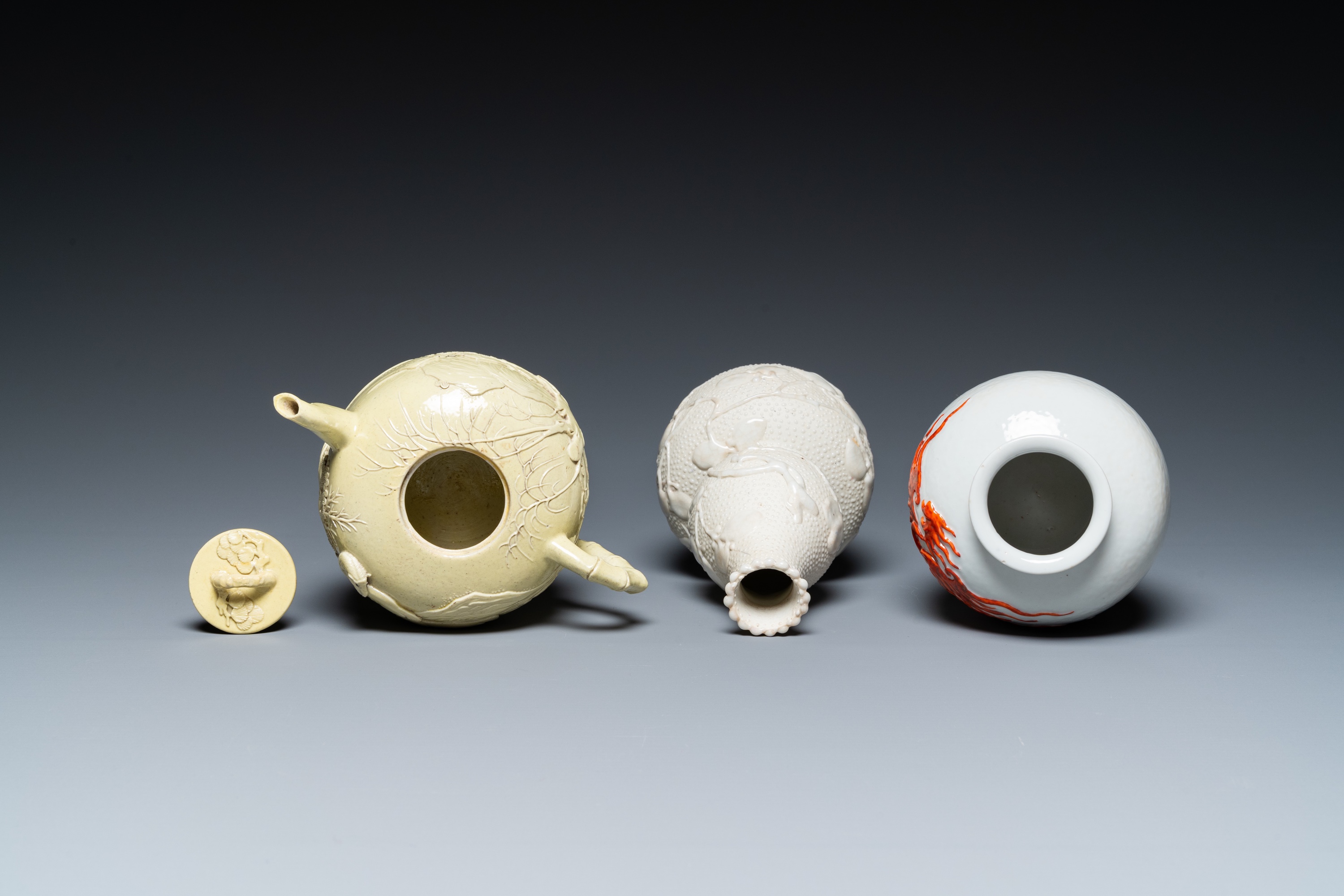 A Chinese yellow-glazed biscuit teapot, a white-glazed biscuit double gourd vase and an iron-red 'ph - Image 6 of 7