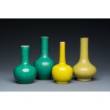 Four Chinese monochrome green and yellow bottle vases, 19/20th C.