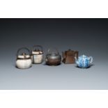 Two Vietnamese blue and white water pipes, a blue and white 'lotus' teapot, a Yixing teapot and a co