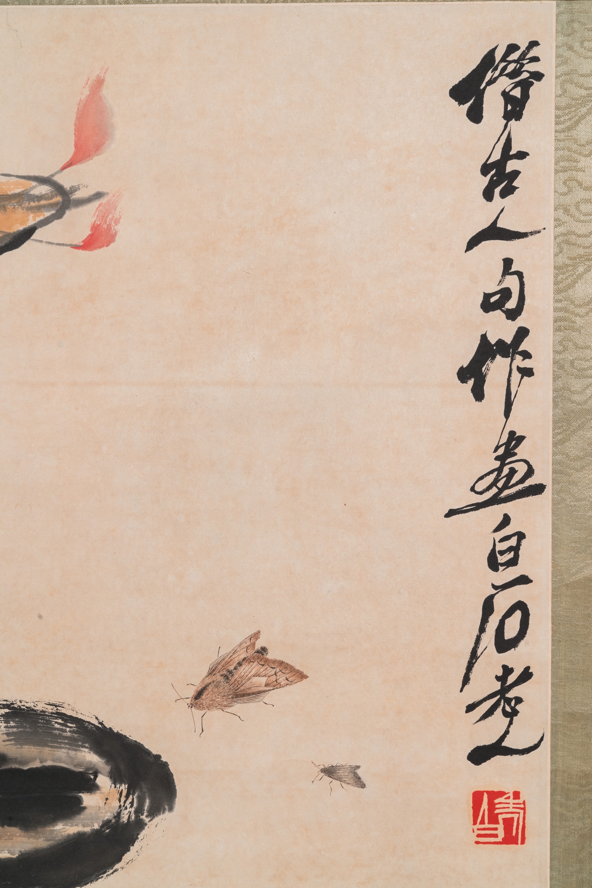 After Qi Baishi ___ (1864-1957): 'Oil lamp and moths', ink and colour on paper - Image 4 of 9