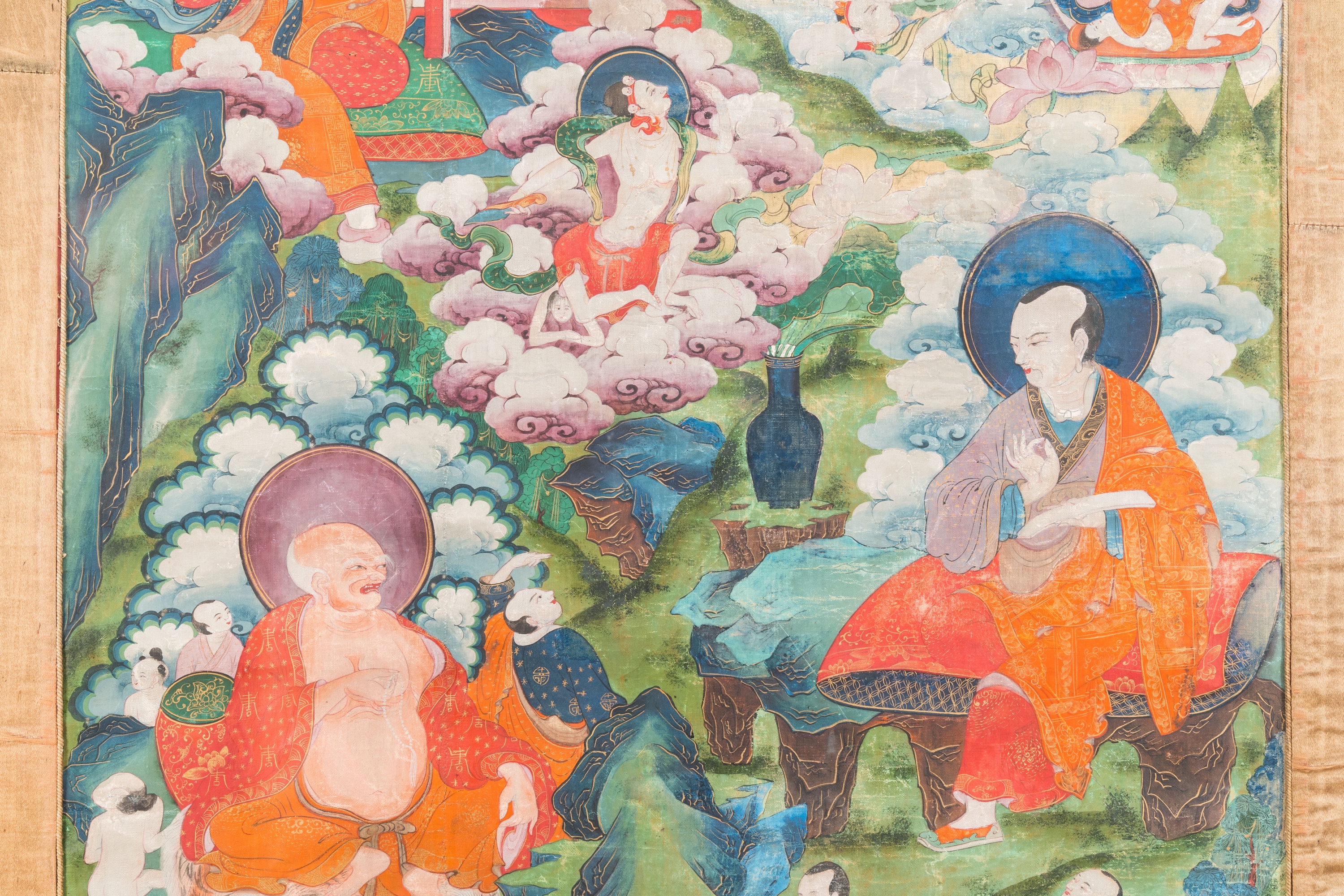 A thangka depicting Luohan surrounded by deities, Tibet, 17/18th C. - Image 5 of 6