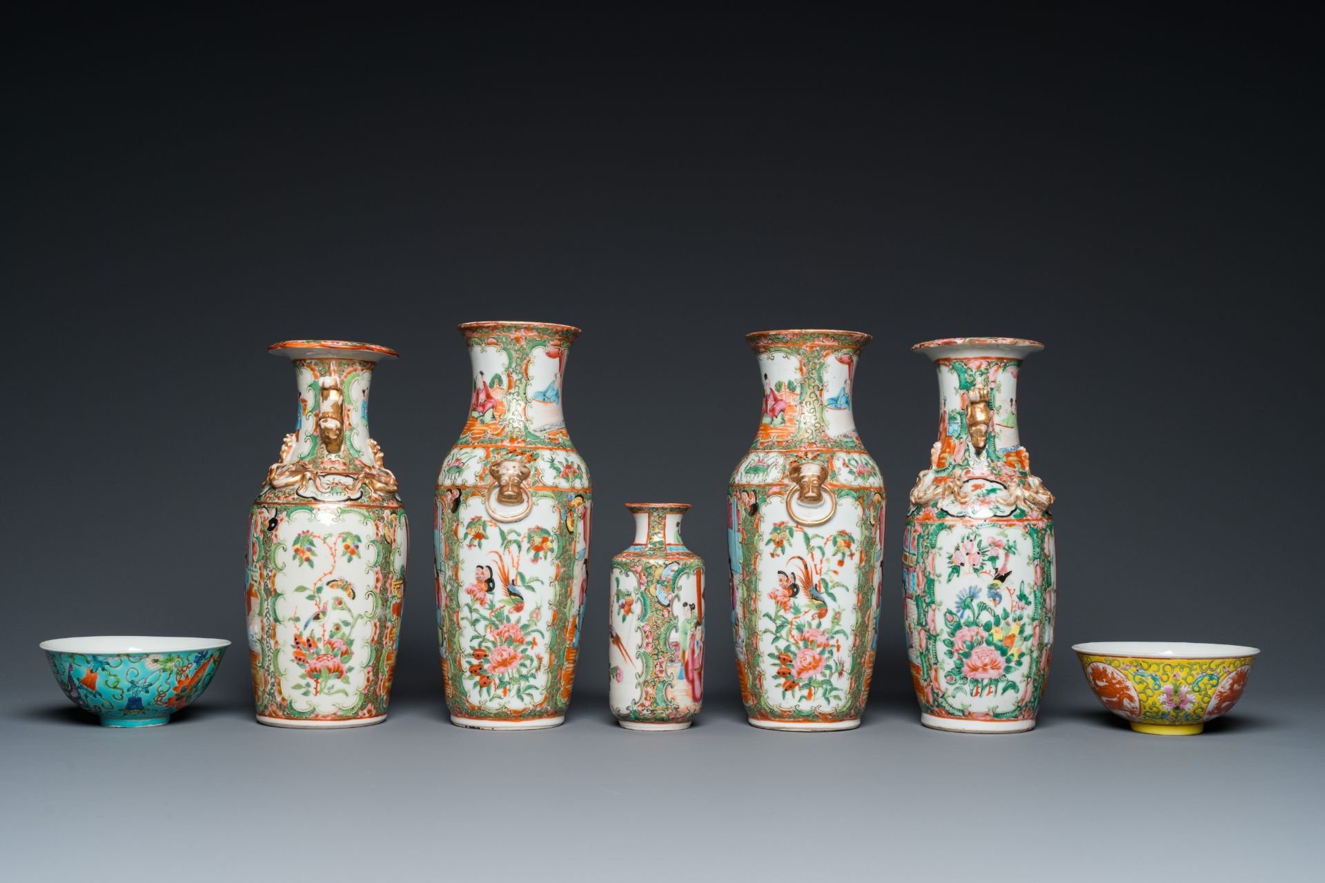 Eight Chinese Canton famille rose vases, two Nanking vases and two famille rose bowls, 19/20th C. - Image 11 of 15