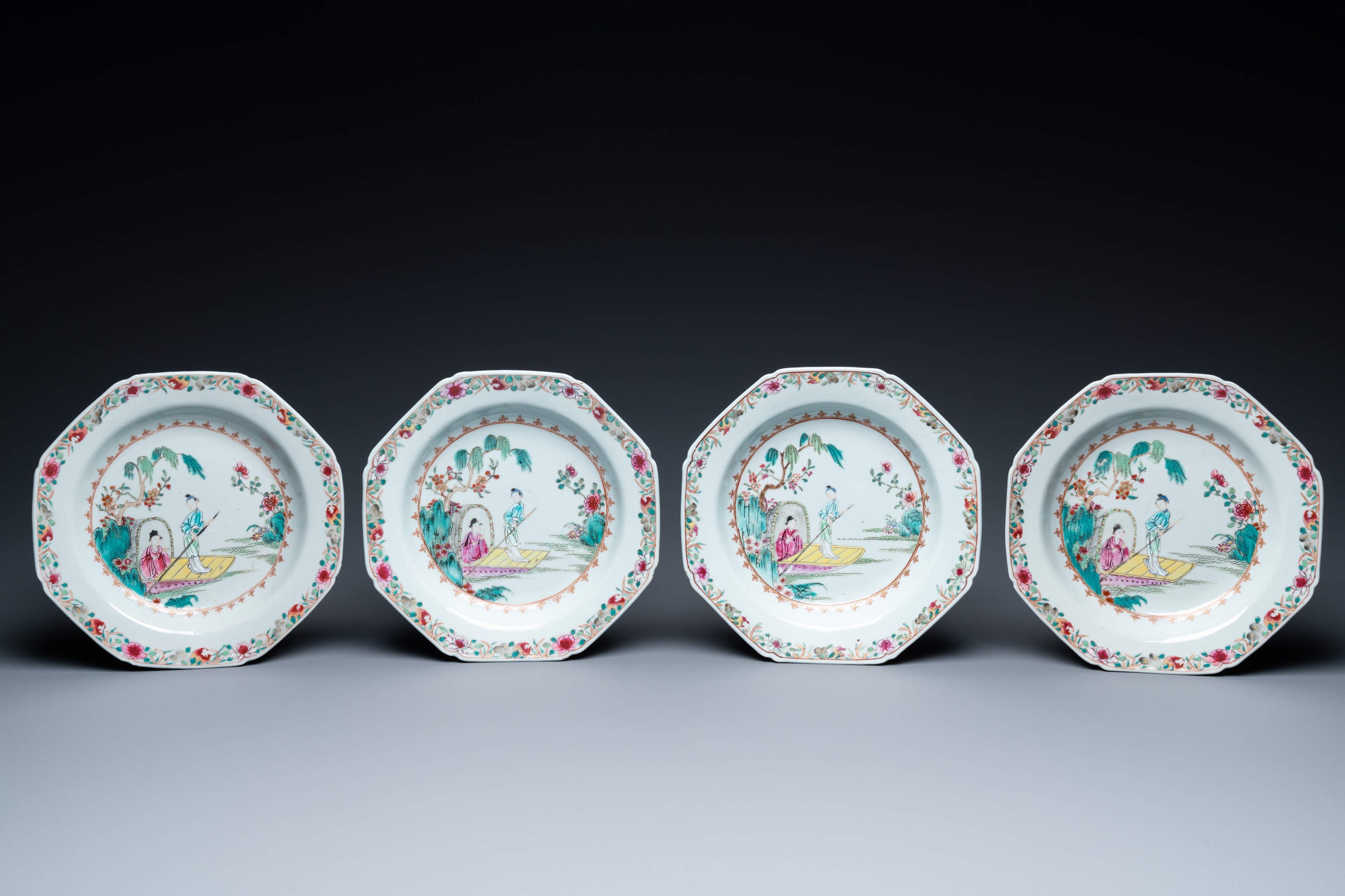 Eight octagonal Chinese famille rose plates with a boat on the water, Qianlong - Image 2 of 5