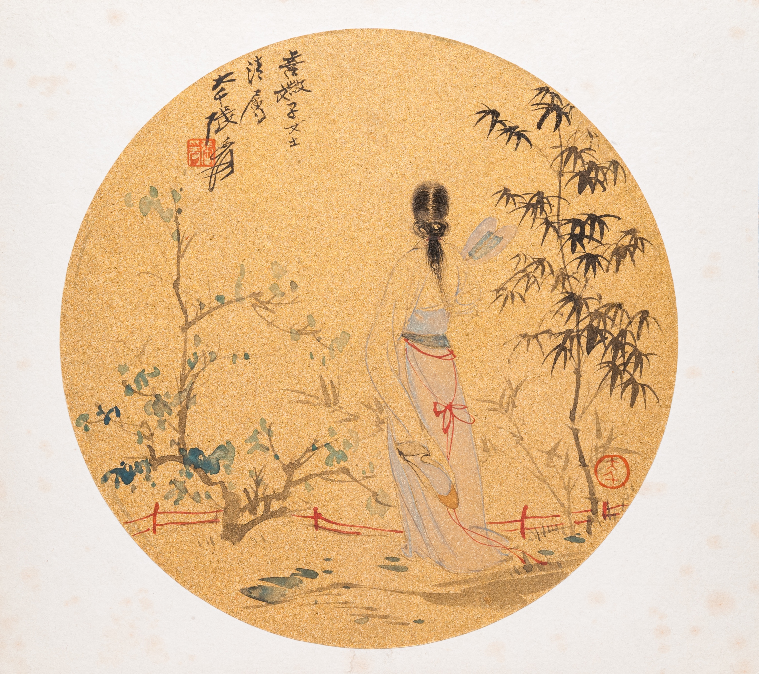 Follower of Zhang Daqian ___ (1898-1983): 'Beauty in the garden', ink and colour on gold paper