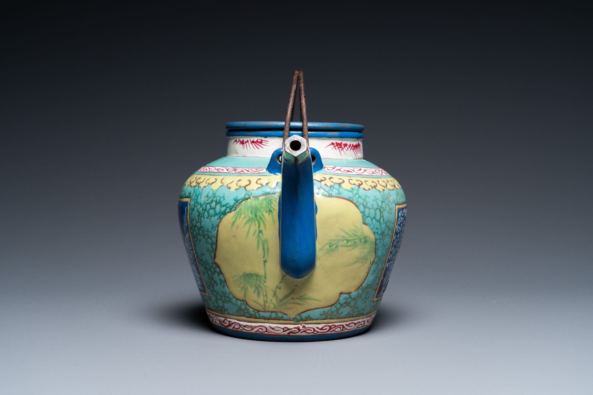 A Chinese enamelled Yixing stoneware teapot and cover, 19th C. - Image 5 of 23