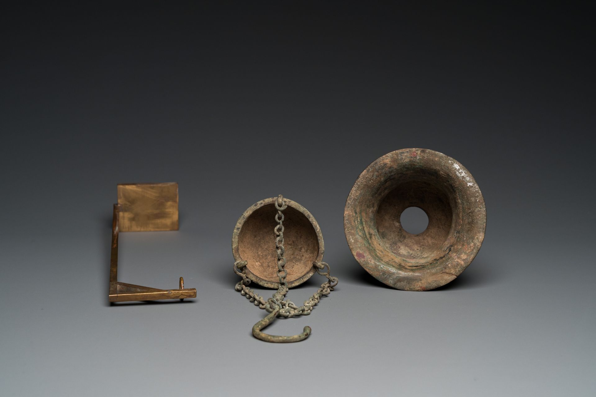 A Byzantine or Roman bronze vase and a hanging incense burner, 5/7th C. - Image 8 of 9