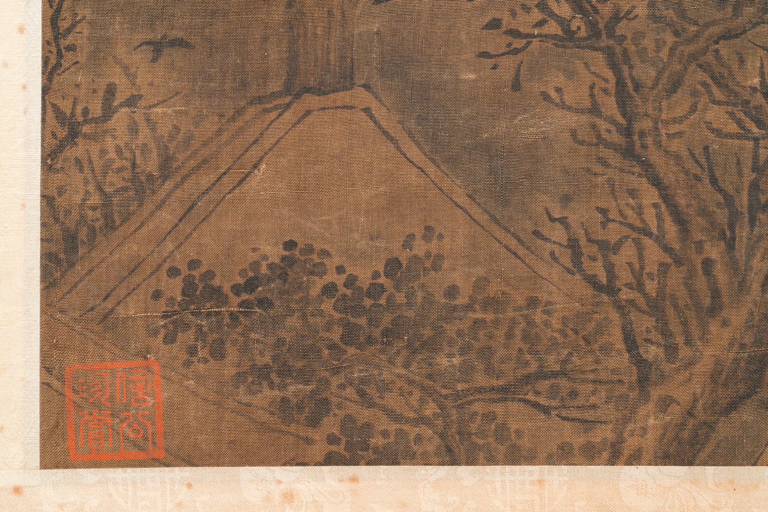 Chinese school: 'Landscape with a scholar and his servants', ink and colour on silk, Ming - Image 6 of 7