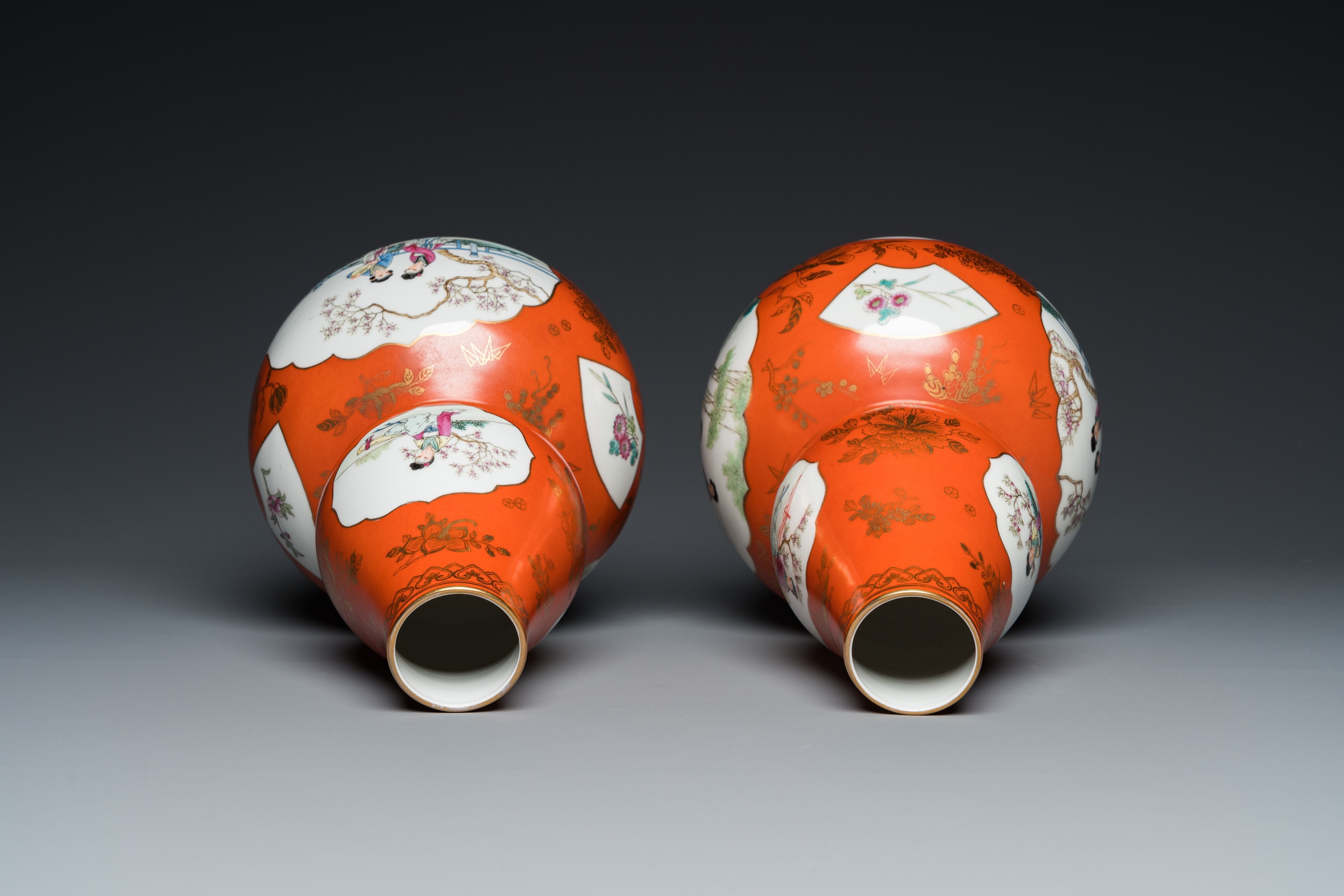 A pair of Chinese coral-ground famille rose double gourd vases, Qianlong mark, Republic - Image 5 of 6