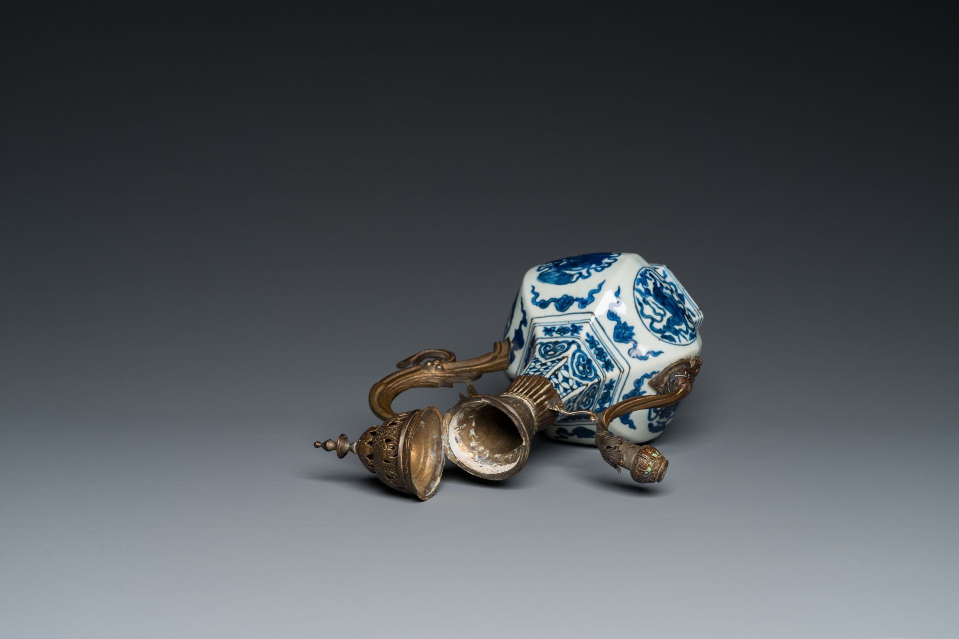 A Chinese blue and white gilt-bronze mounted vase transformed into a ewer for the Ottoman market, Ji - Image 6 of 21