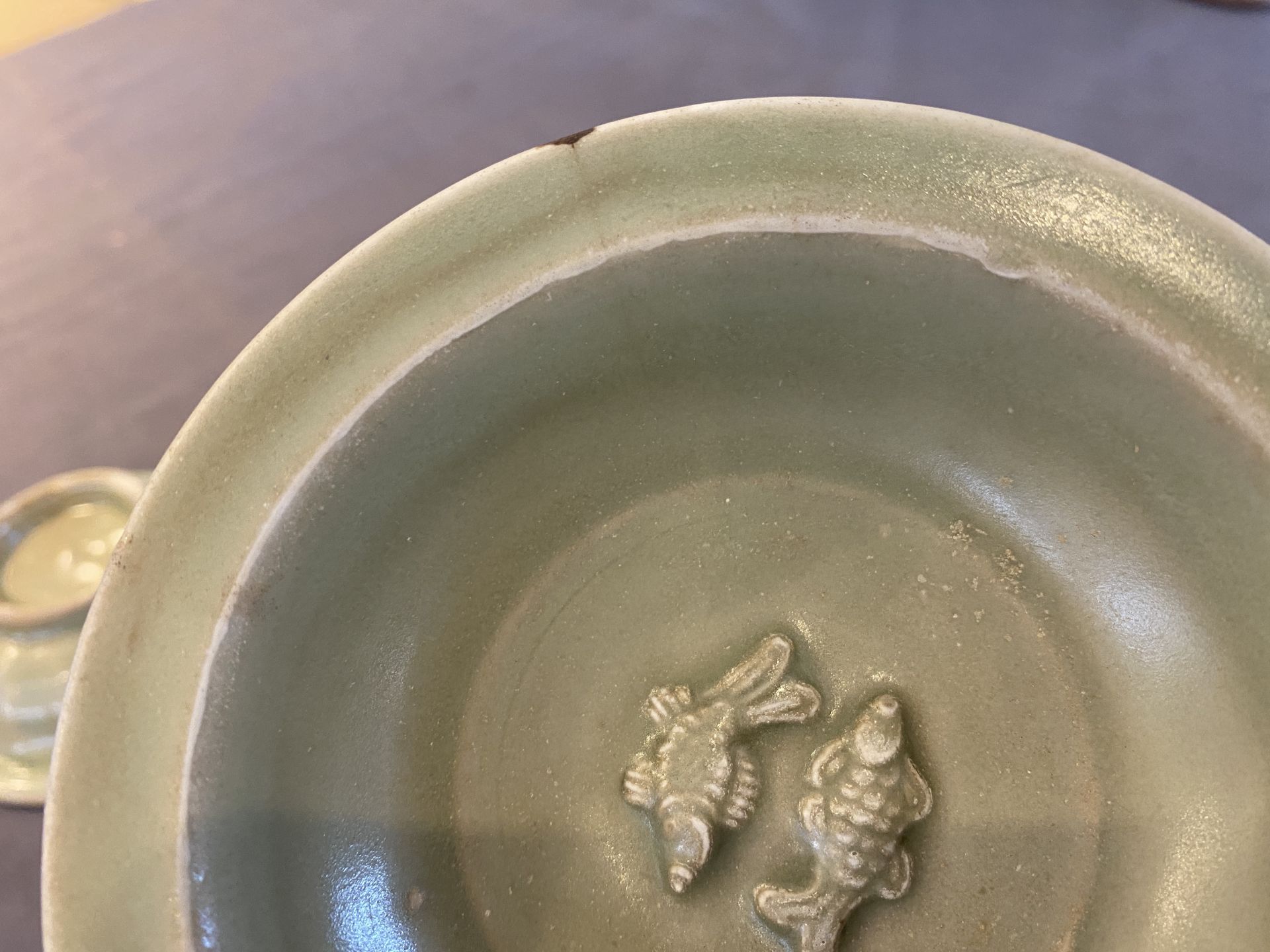Two Chinese celadon-glazed bowls, one with twin fish, Ming - Image 11 of 14