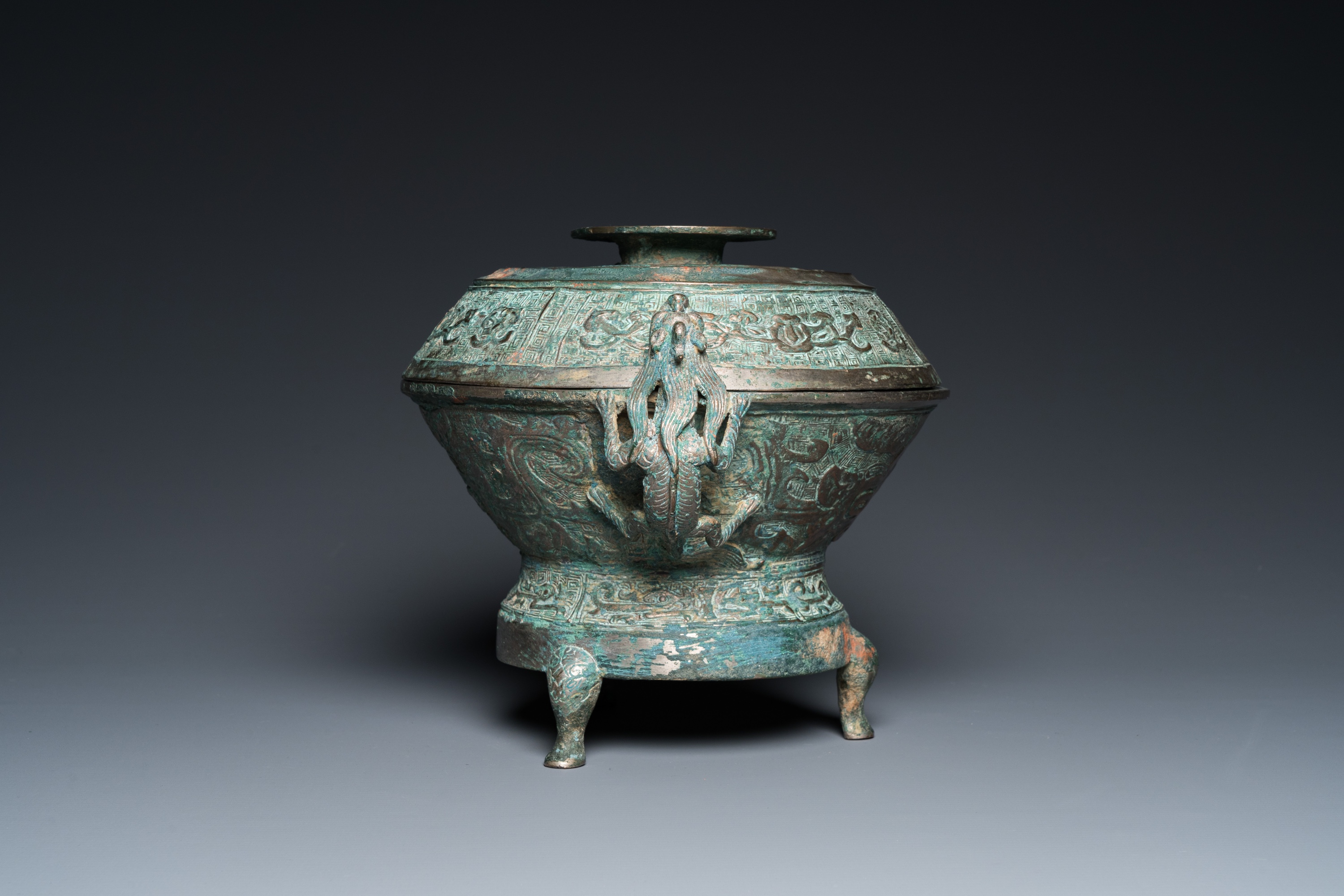 A Chinese inscribed archaistic bronze tripod censer and cover, Ming - Image 5 of 11