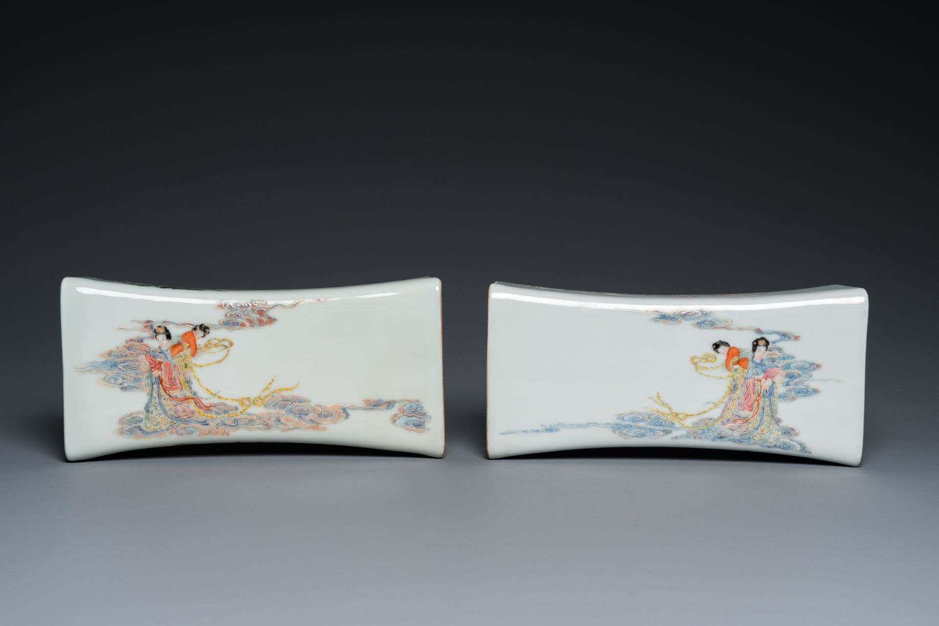 A pair of Chinese famille rose neck rests, Republic