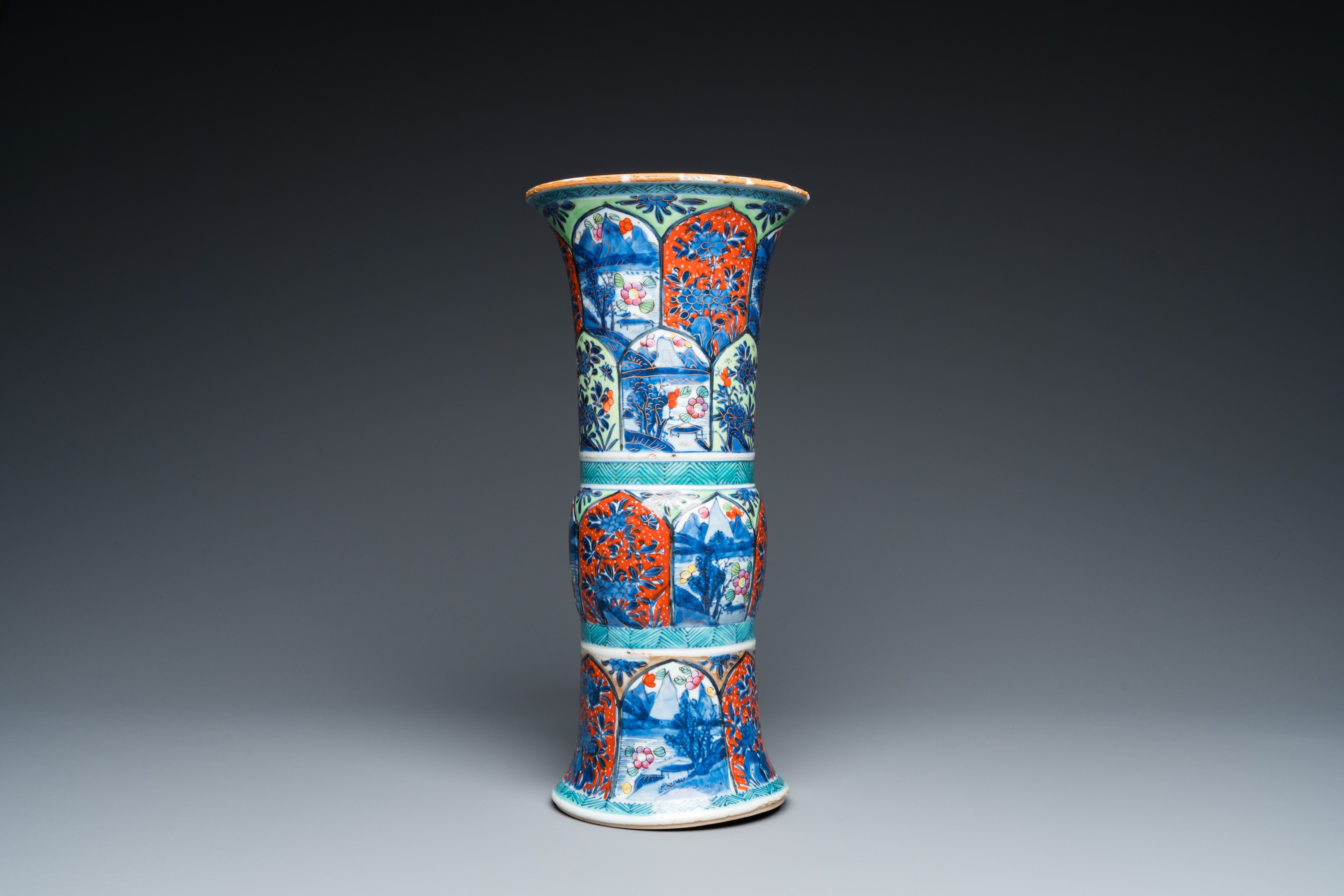 A Chinese blue and white 'gu' vase with European clobbered design, Kangxi - Image 5 of 8