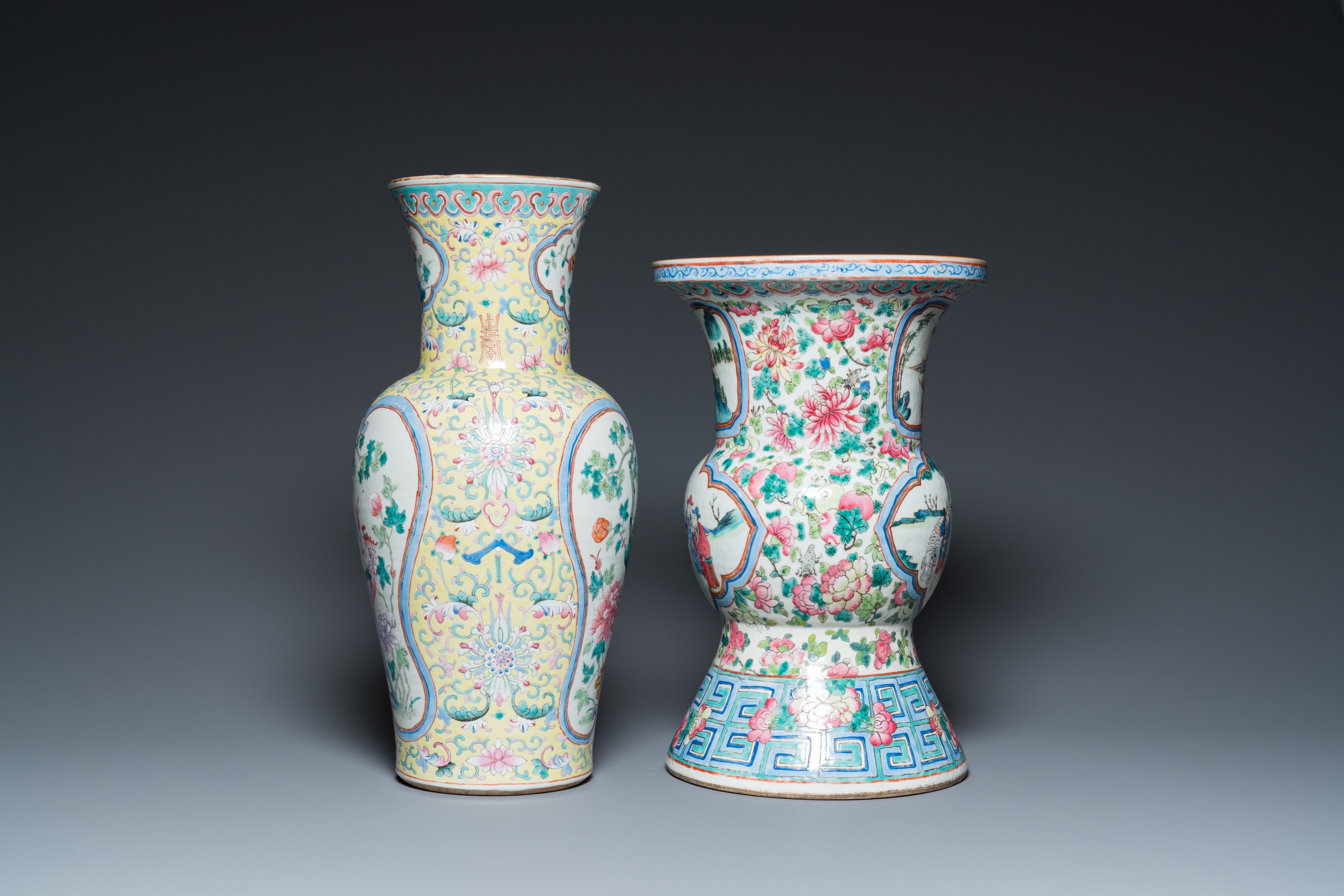 A Chinese famille rose yellow-ground 'phoenix' vase and a large spittoon, 19th C. - Image 2 of 6