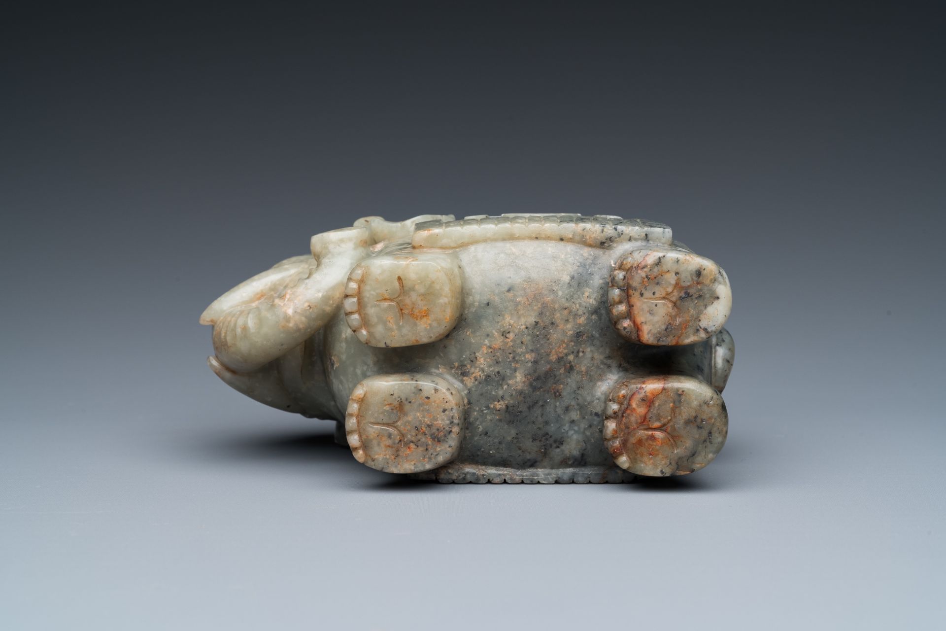 A Chinese grey-speckled celadon jade elephant, Qing - Image 6 of 18