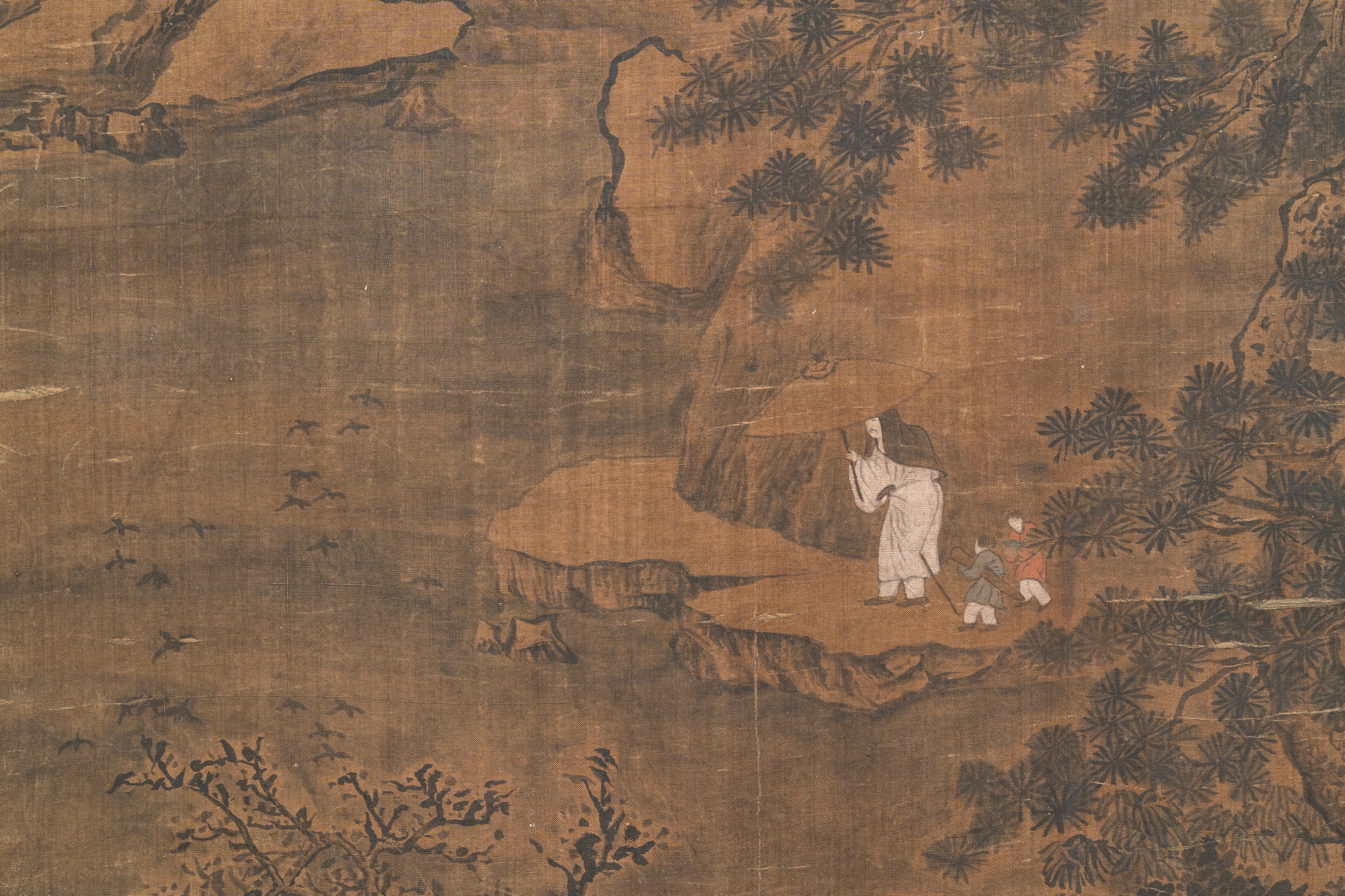 Chinese school: 'Landscape with a scholar and his servants', ink and colour on silk, Ming - Image 5 of 7