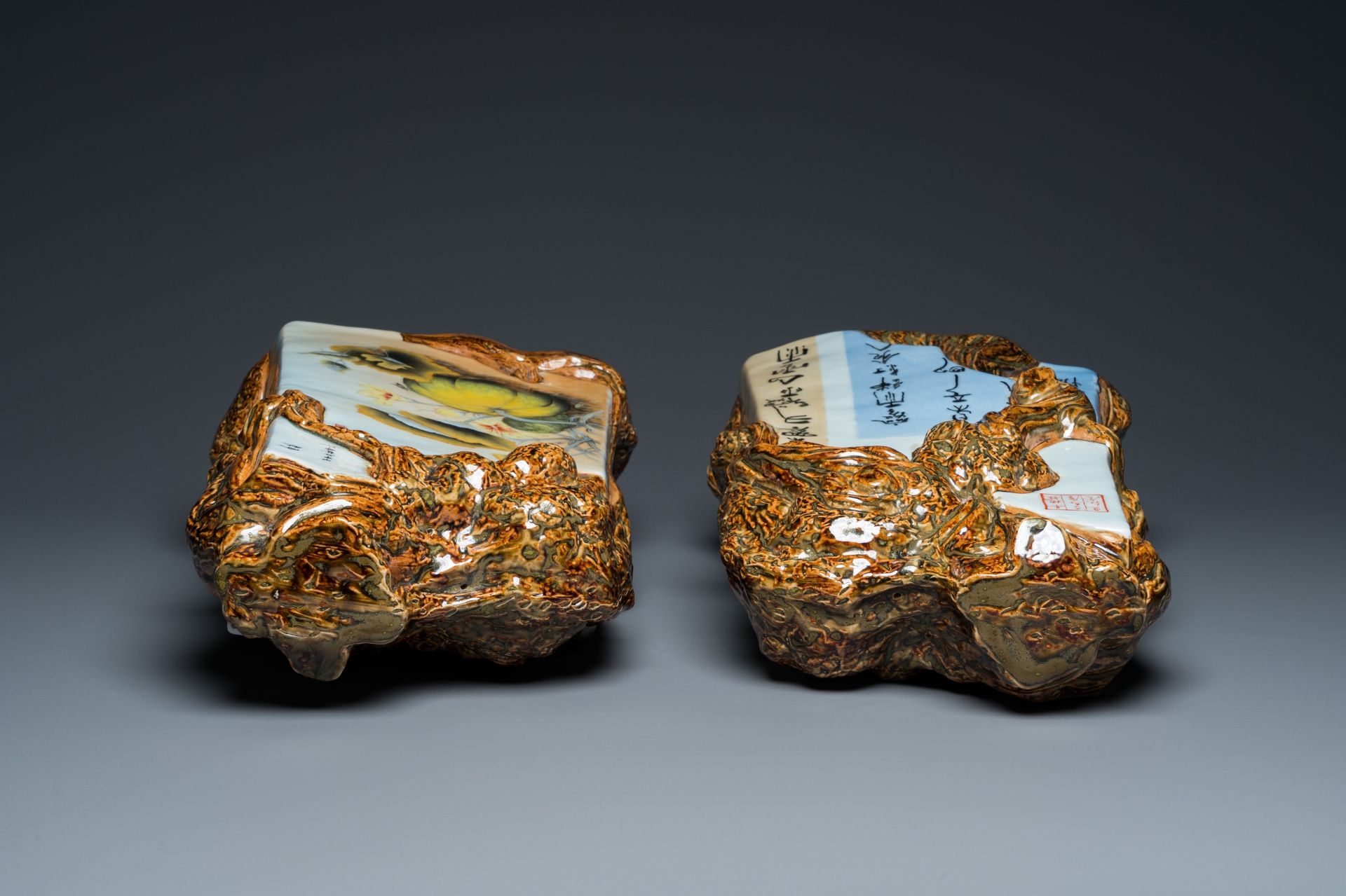 Two Chinese decorative faux bois ornaments, '1200 Years Jingdezheng', dated 2004 - Image 6 of 7