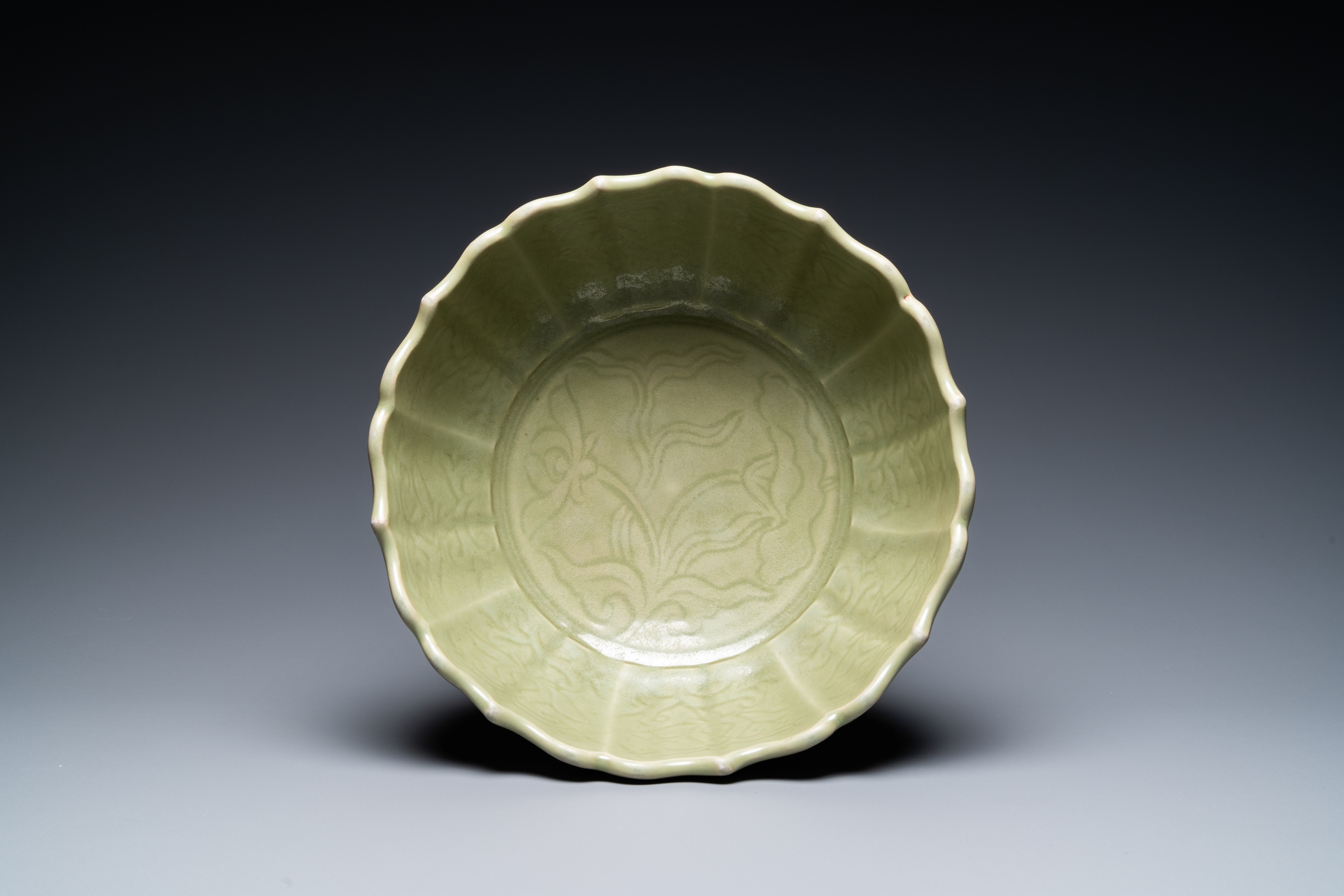 A large Chinese Longquan celadon bowl with underglaze lotus design, Ming - Image 6 of 17