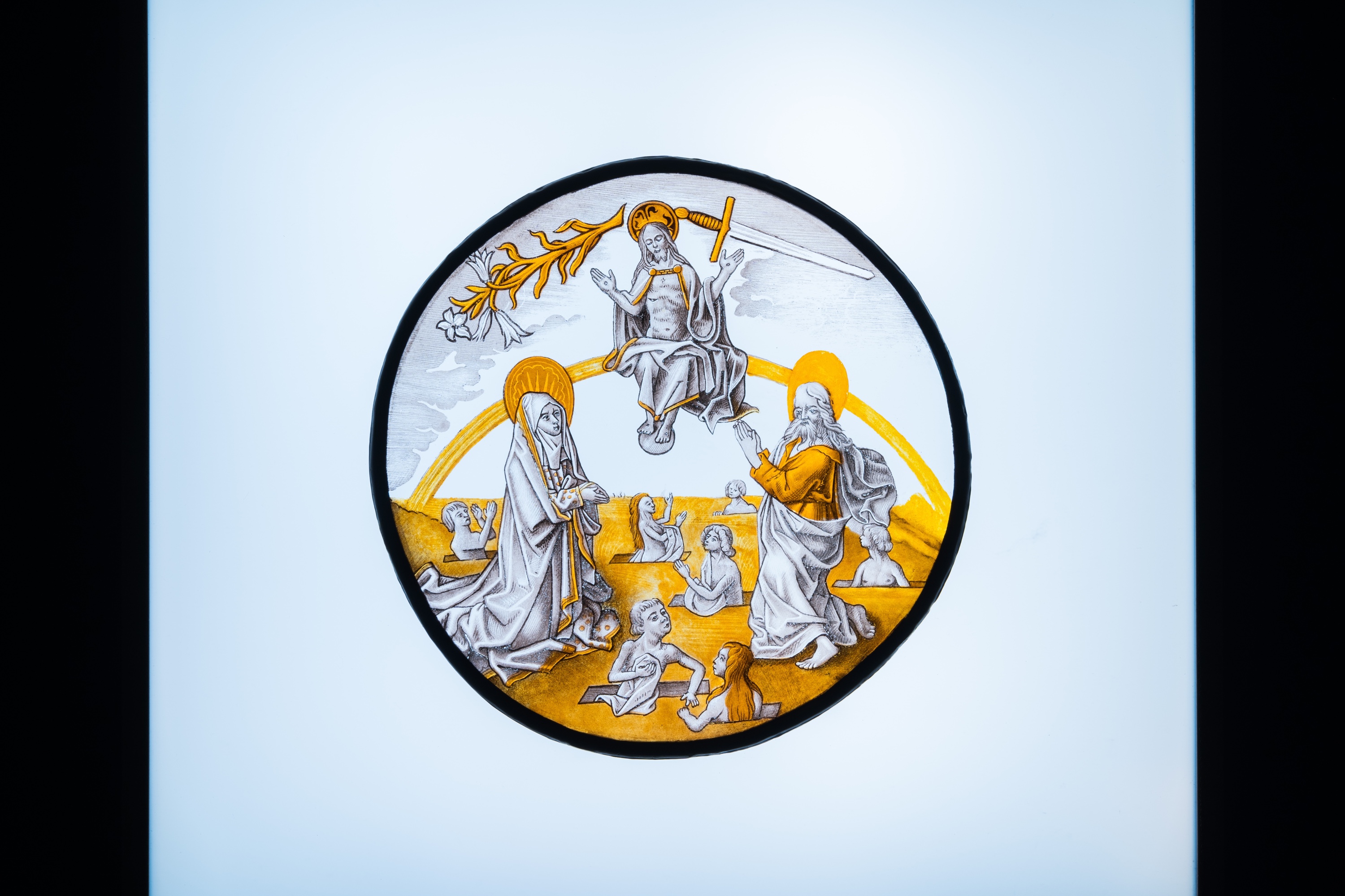 Two painted glass roundels depicting 'The Last Judgment' & 'Abraham sees Sodom in flames', Southern - Image 7 of 7