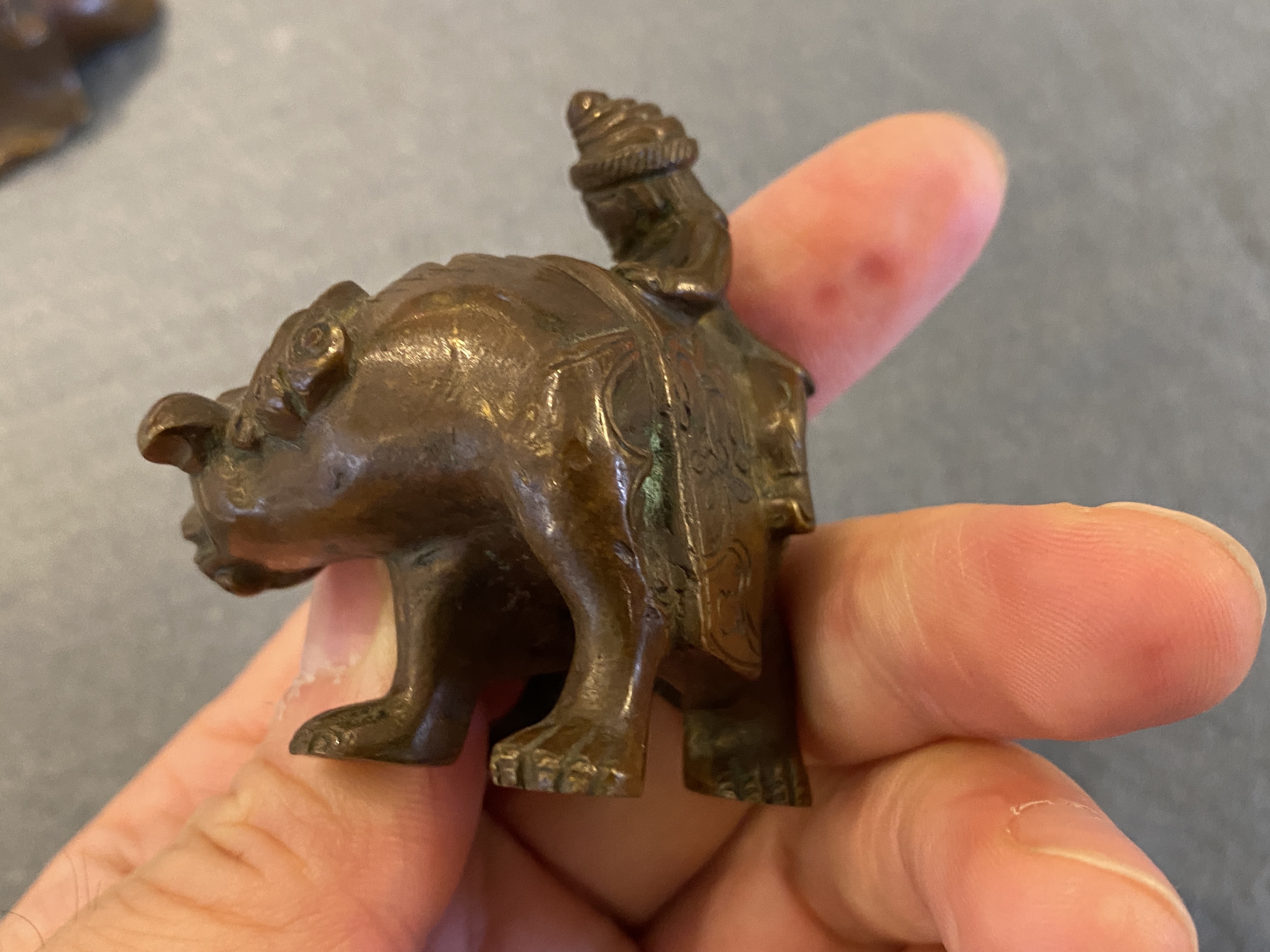 Two Chinese bronze scroll Weights with Sogdian riders on a Buddhist lion and an elephant, Qi - Image 17 of 19