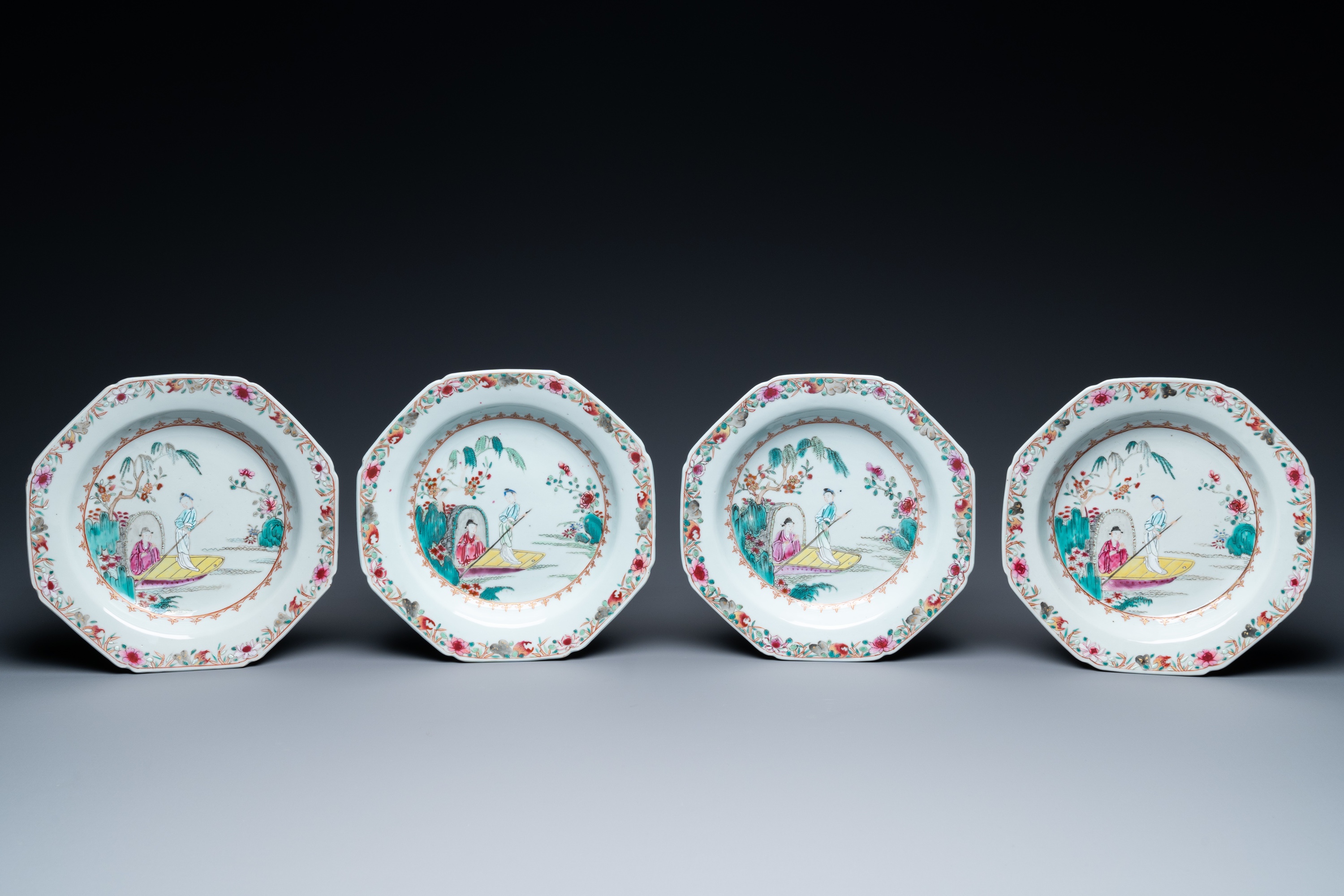 Eight octagonal Chinese famille rose plates with a boat on the water, Qianlong - Image 4 of 5