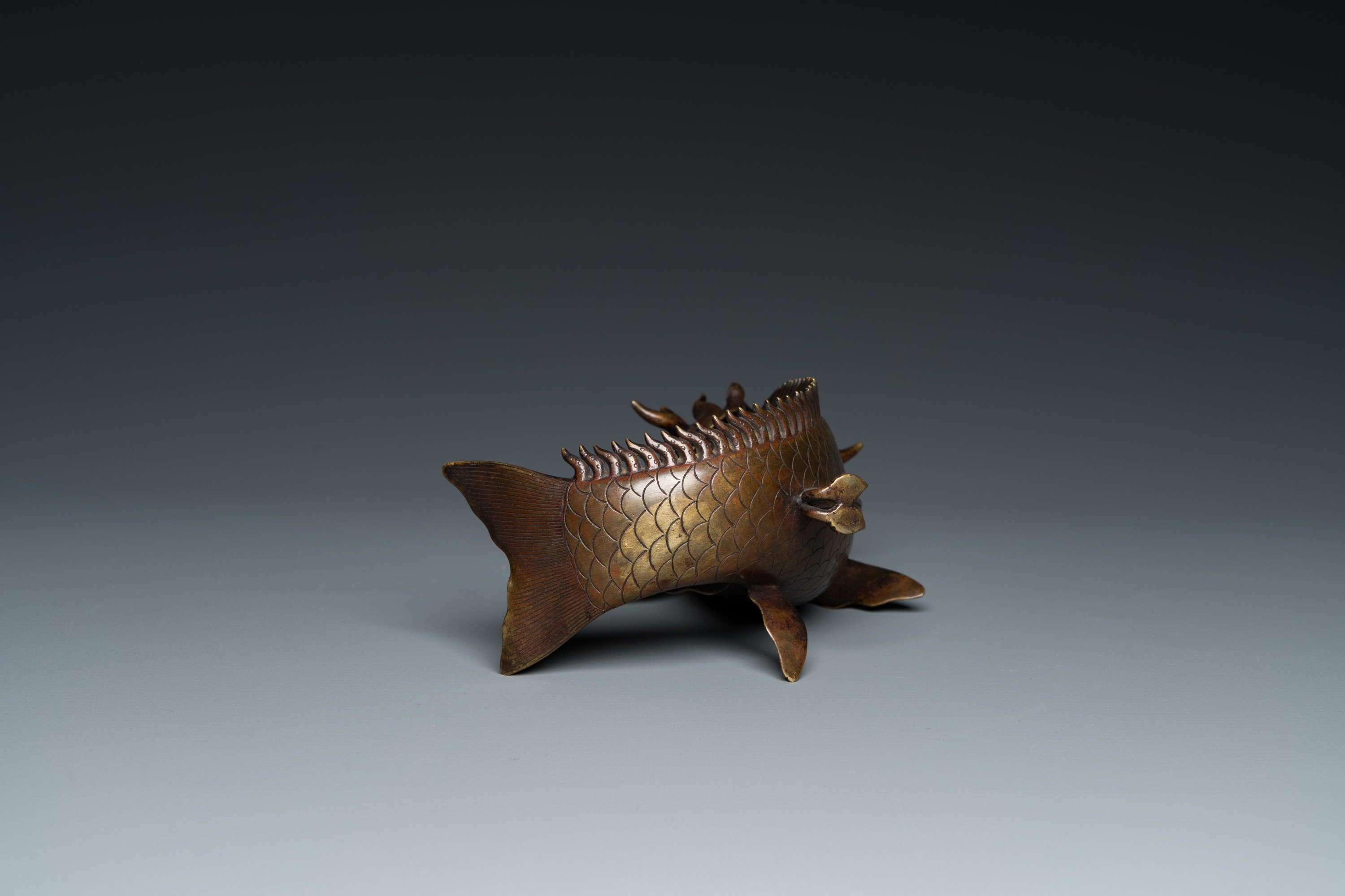 A Chinese bronze dragonfish form censer, Ming - Image 7 of 29