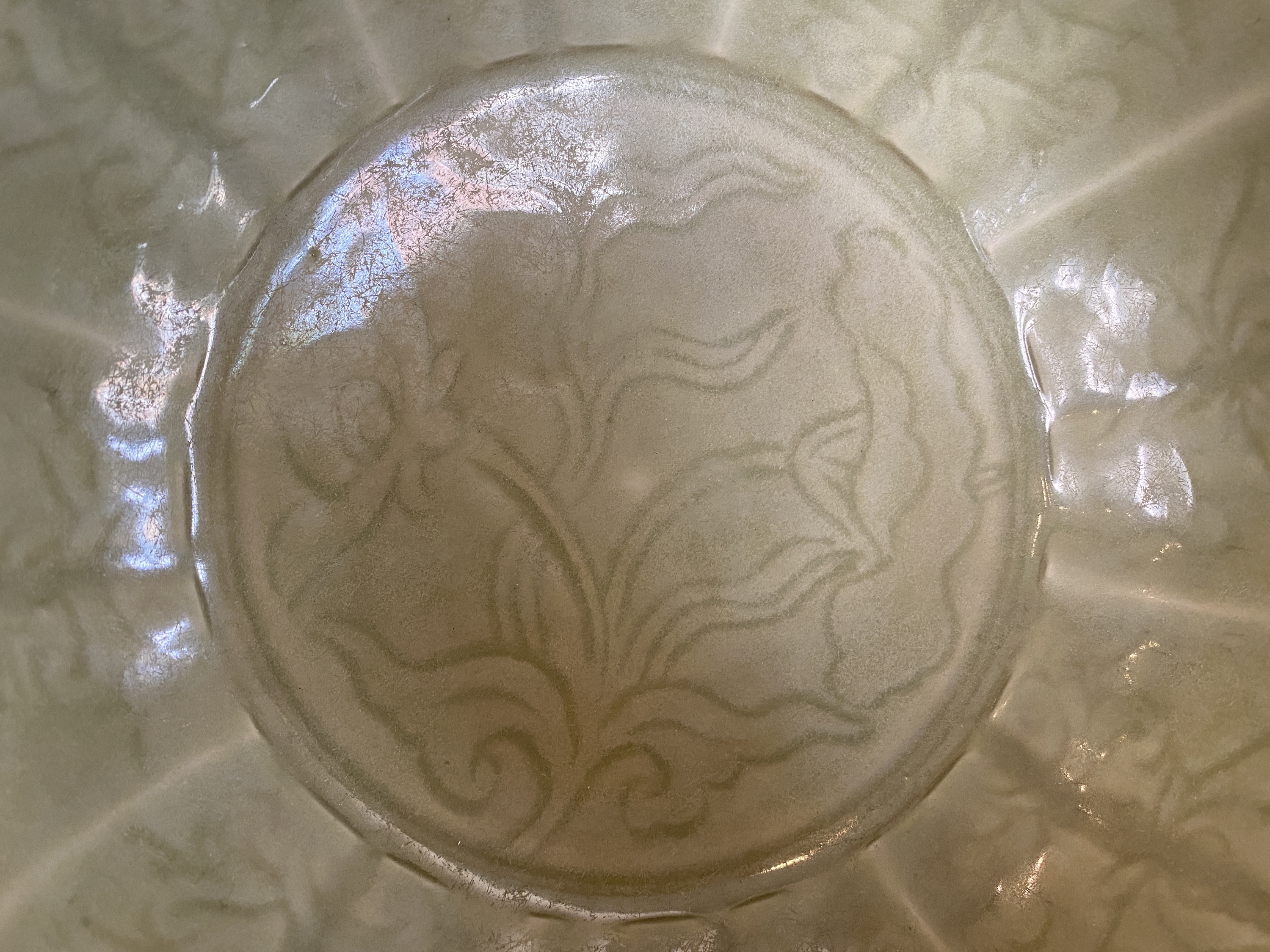 A large Chinese Longquan celadon bowl with underglaze lotus design, Ming - Image 10 of 17