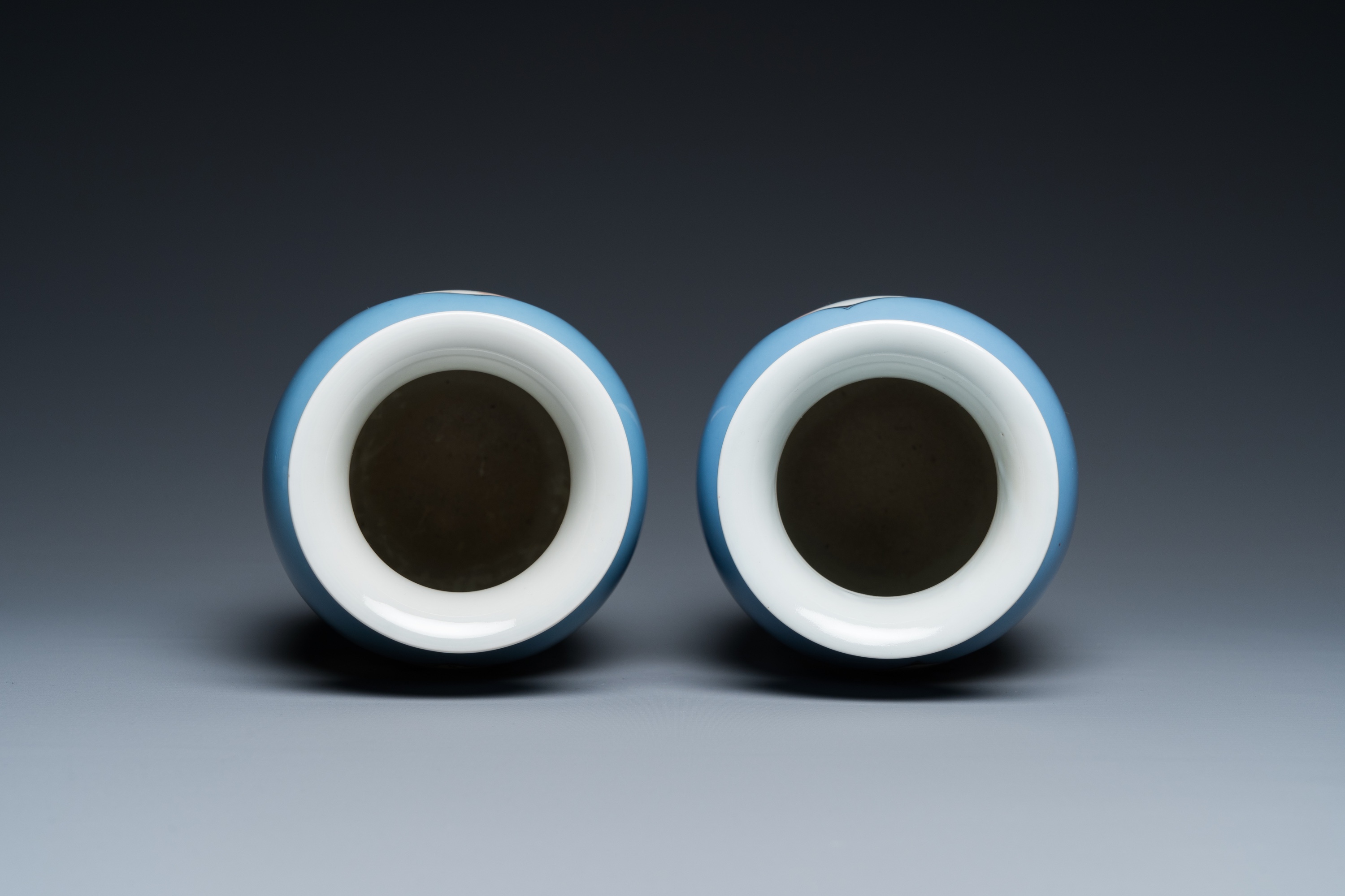 A pair of Chinese famille rose lavender blue-ground vases, Qianlong mark, Republic - Image 5 of 6