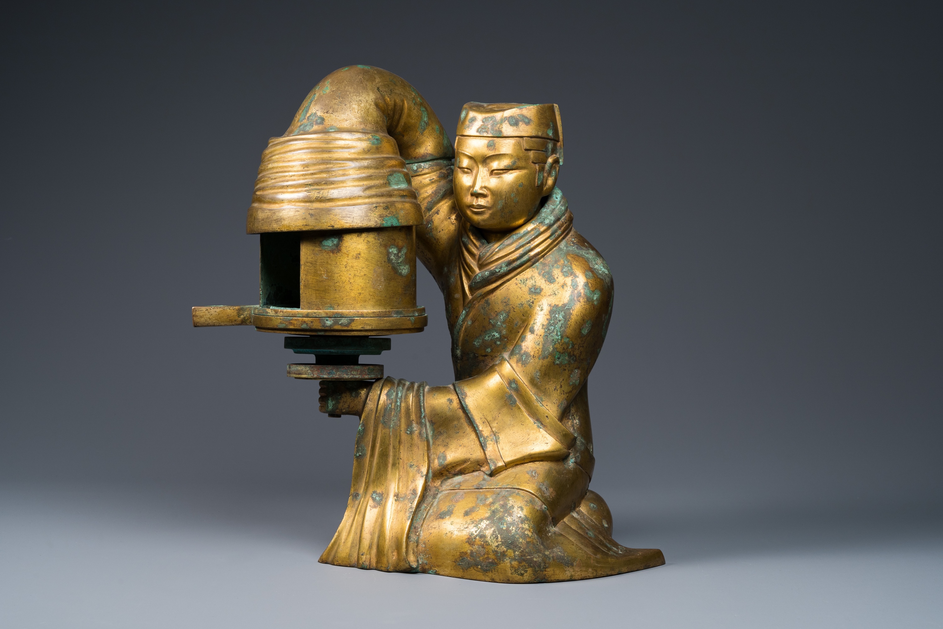 A large Chinese gilt bronze oil lamp in the shape of a kneeling figure, after a Han Dynasty example - Image 8 of 25