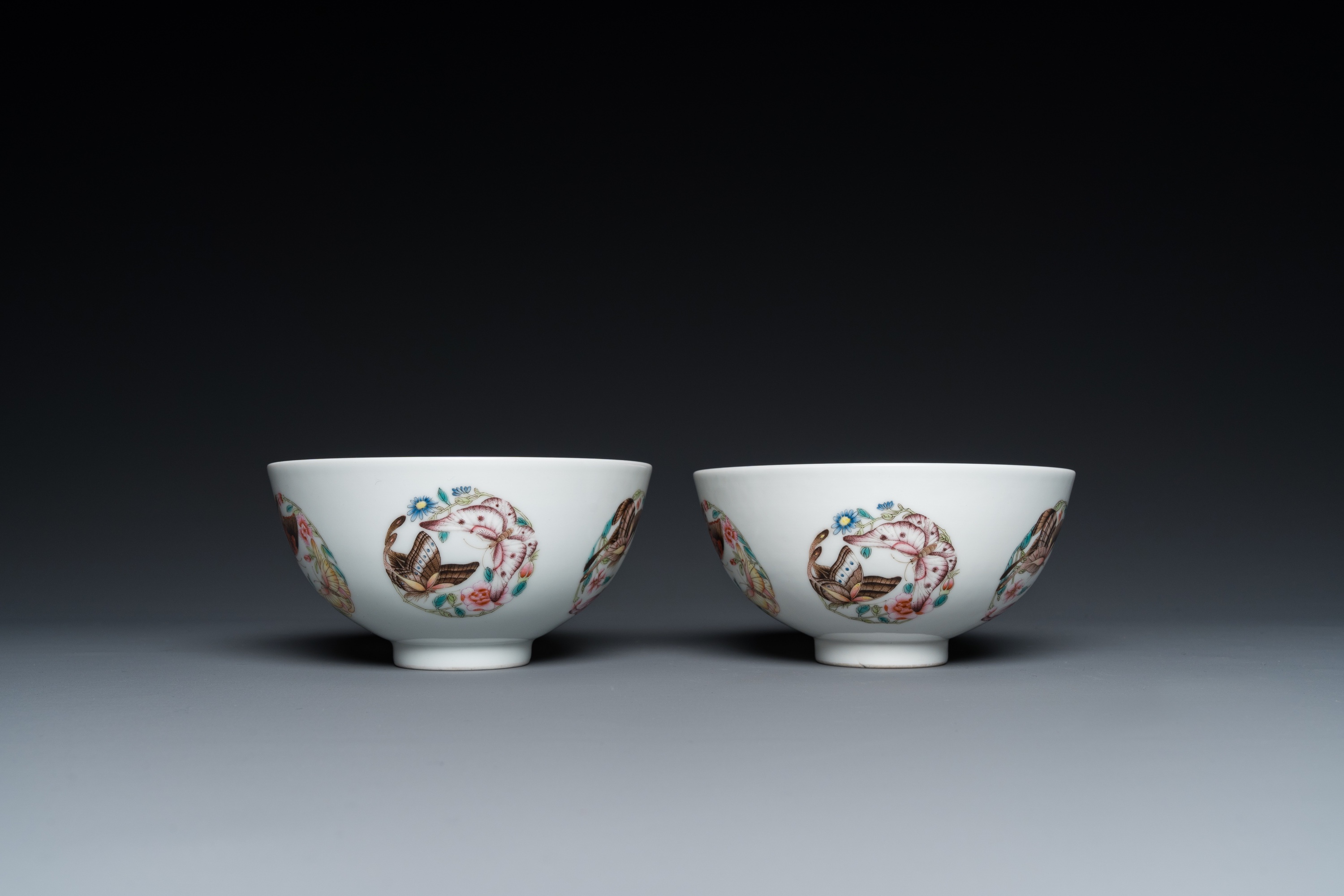 A pair of Chinese famille rose 'butterfly' bowls, Yonzheng mark, probably Republic - Image 4 of 16