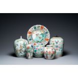 Three Chinese famille rose vases, two famille verte vases and a dish, 19/20th C.