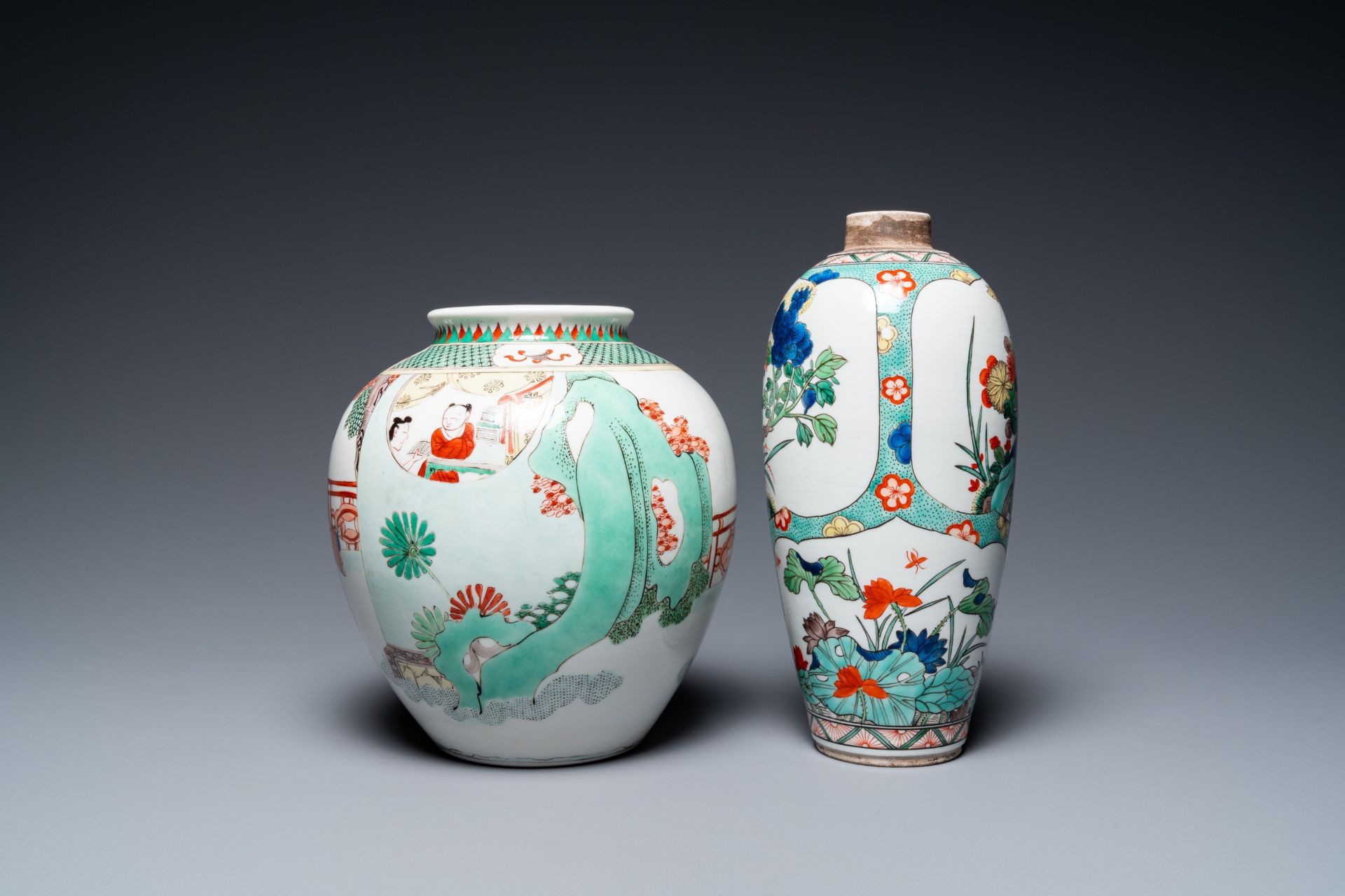 Three Chinese famille rose vases, two famille verte vases and a dish, 19/20th C. - Image 15 of 57