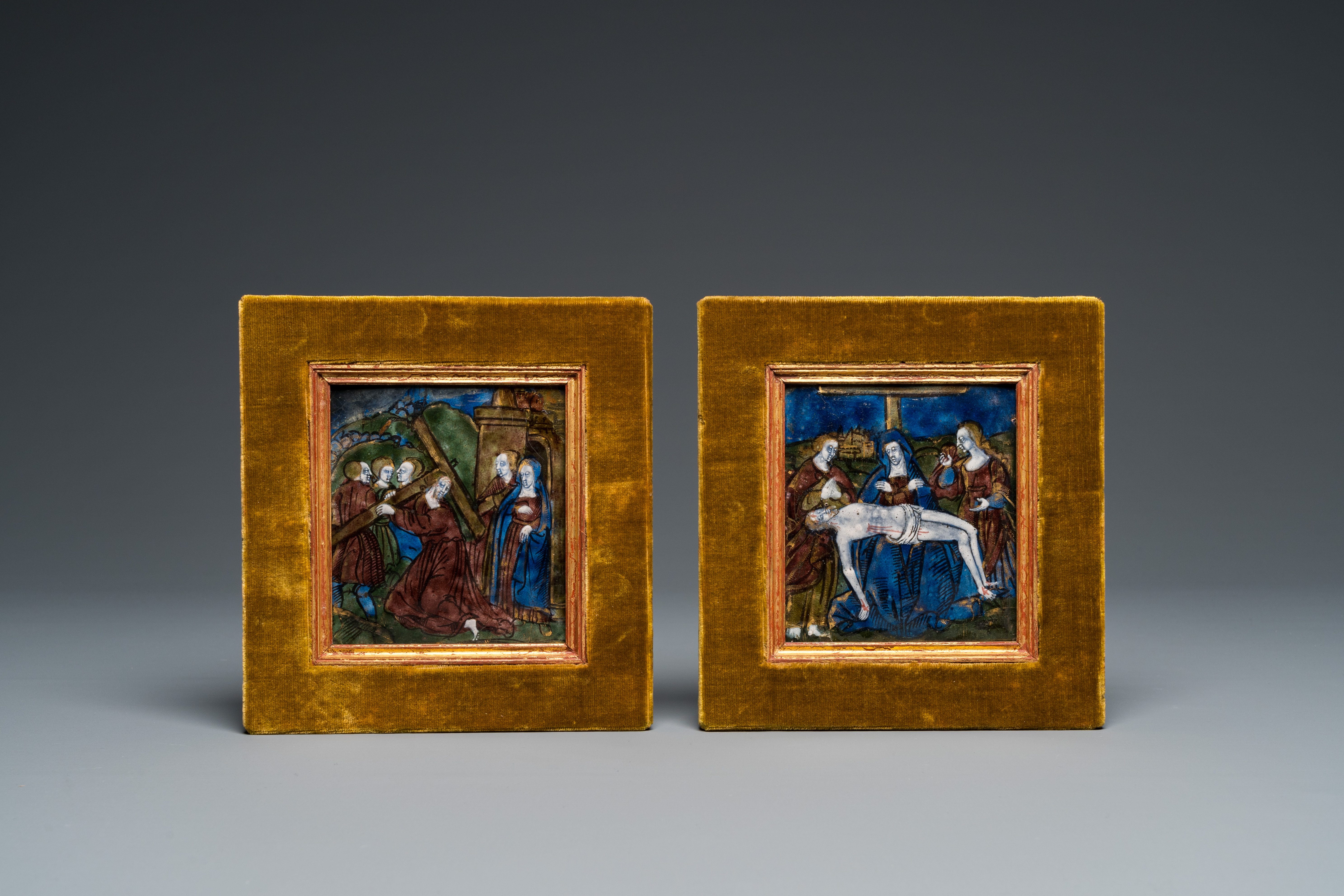 Two square Limoges enamel plaques depicting a pieta and Christ carrying the Cross, France, 16th C.