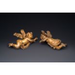 A pair of gilded wooden winged cherubs, probably Flanders, 1st half 18th C.