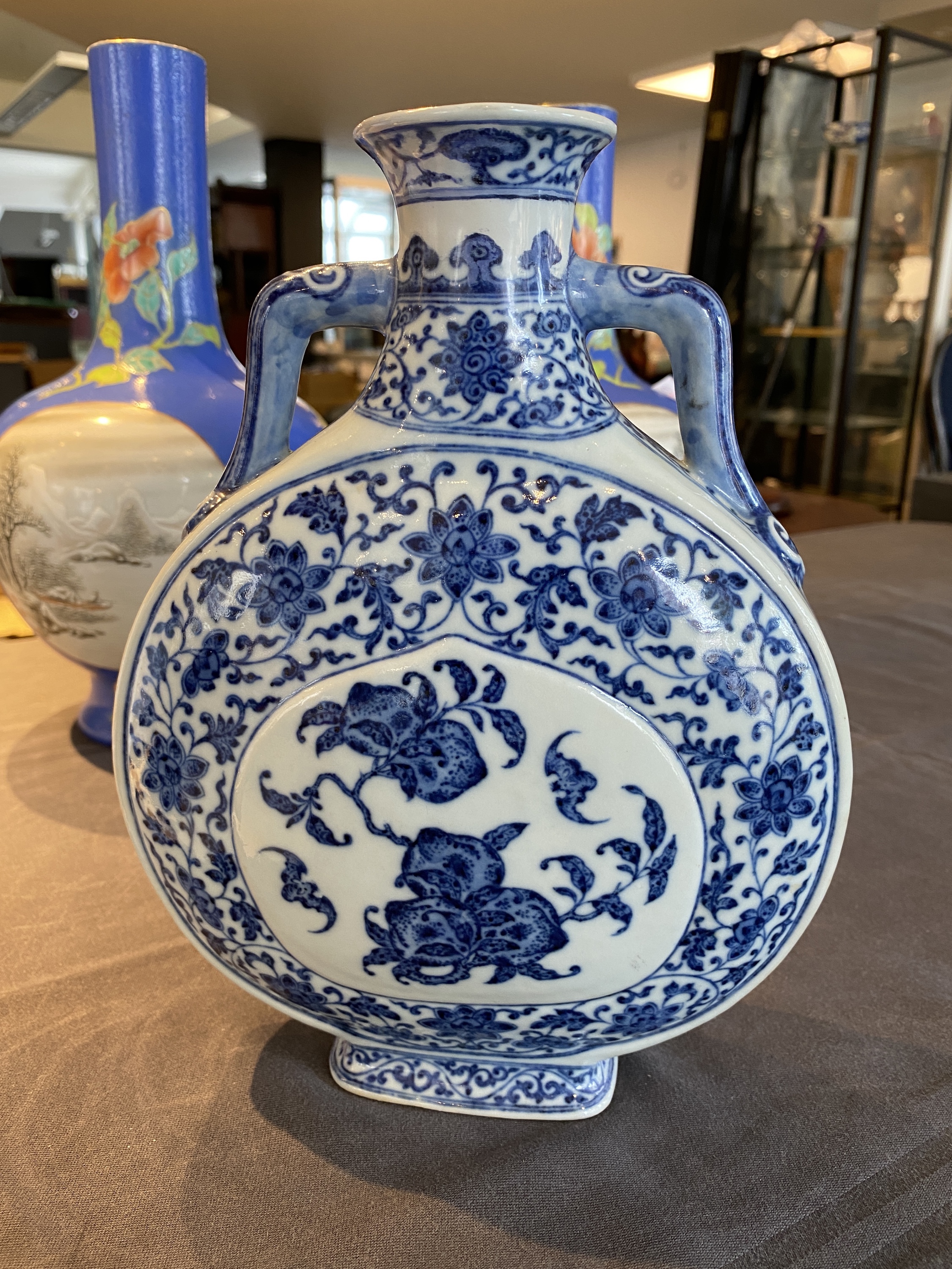 A Chinese blue and white Ming-style 'peaches' moonflask or 'bianhu', Jiaqing mark and of the period - Image 9 of 25