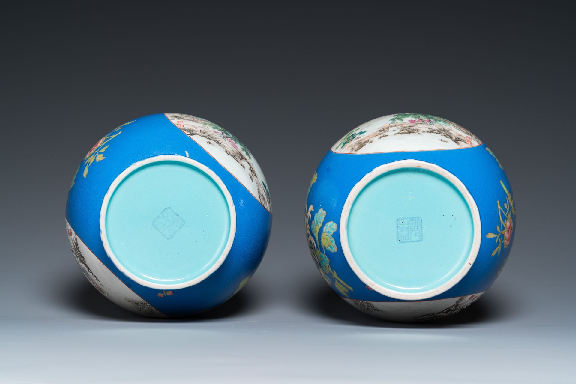 A pair of Chinese blue-ground famille rose vases, He Xuren ___ seal mark, 20th C. - Image 5 of 28