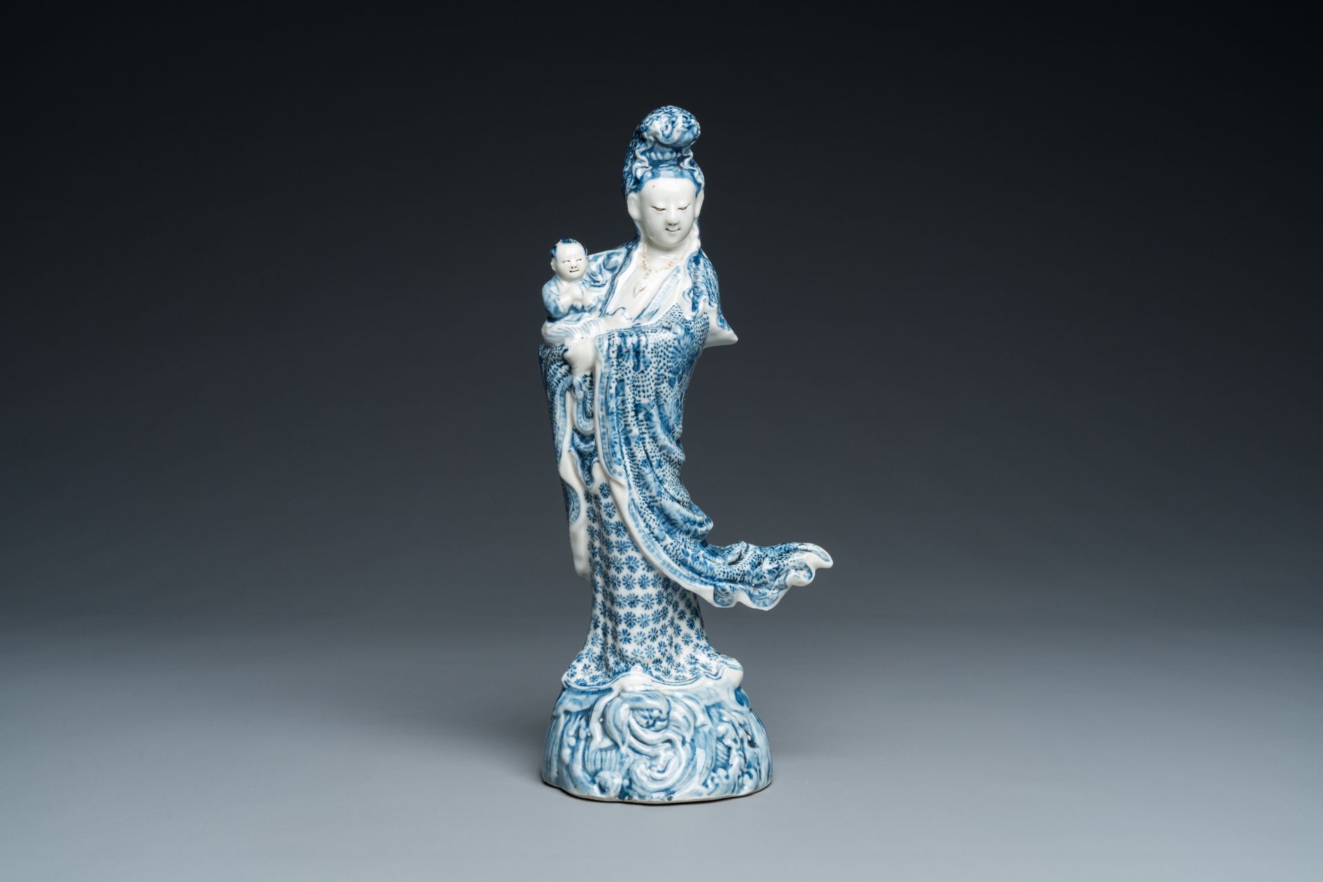 A Chinese blue and white Guanyin with child, Cai Fu Ji ___ mark, Republic - Image 3 of 25