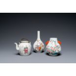 Two Chinese famille rose vases and a 'Wu Shuang Pu' teapot, 19/20th C.