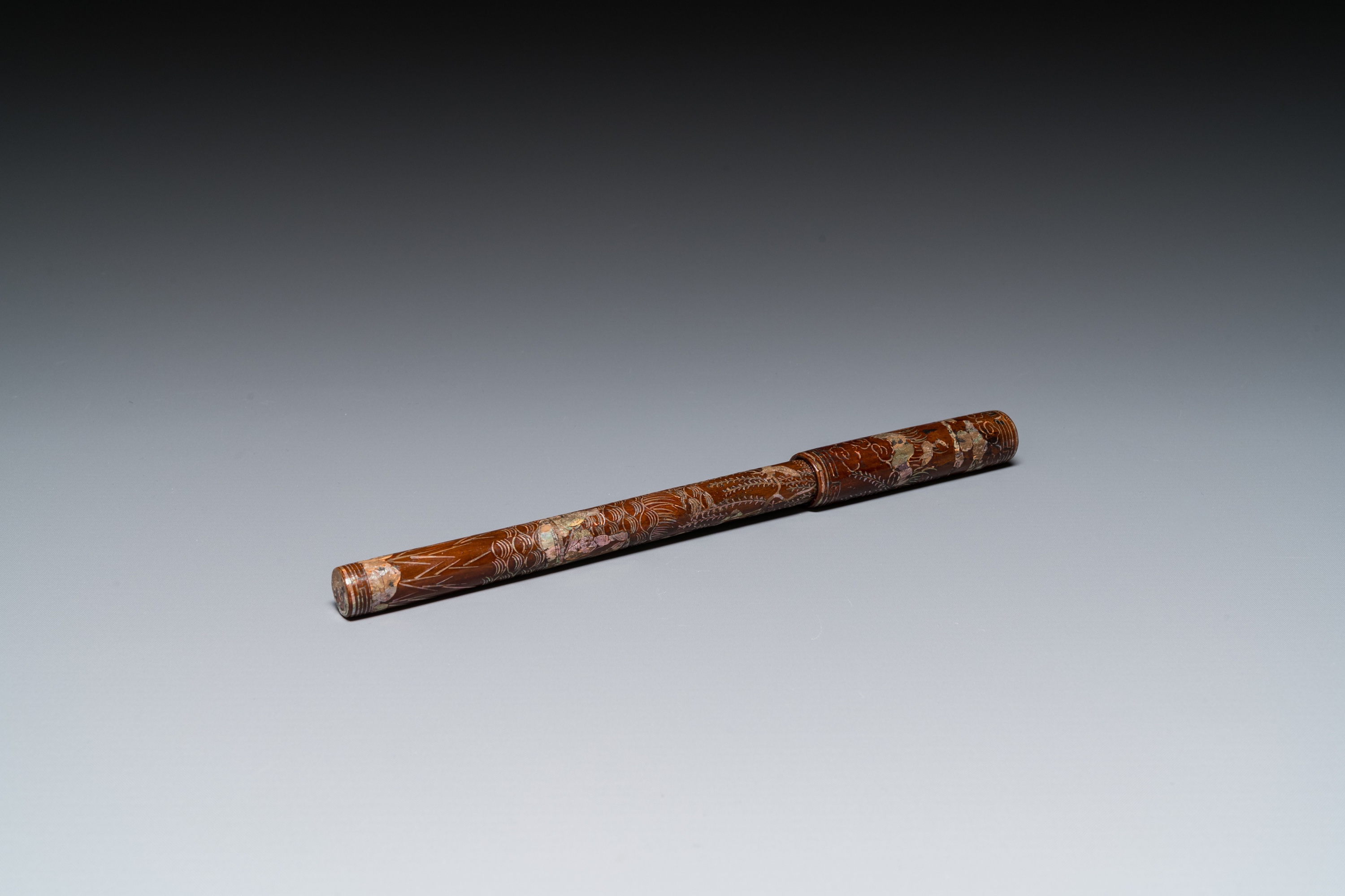 A Chinese mother-of-pearl-inlaid brown lacquer brush, Ming - Image 2 of 8