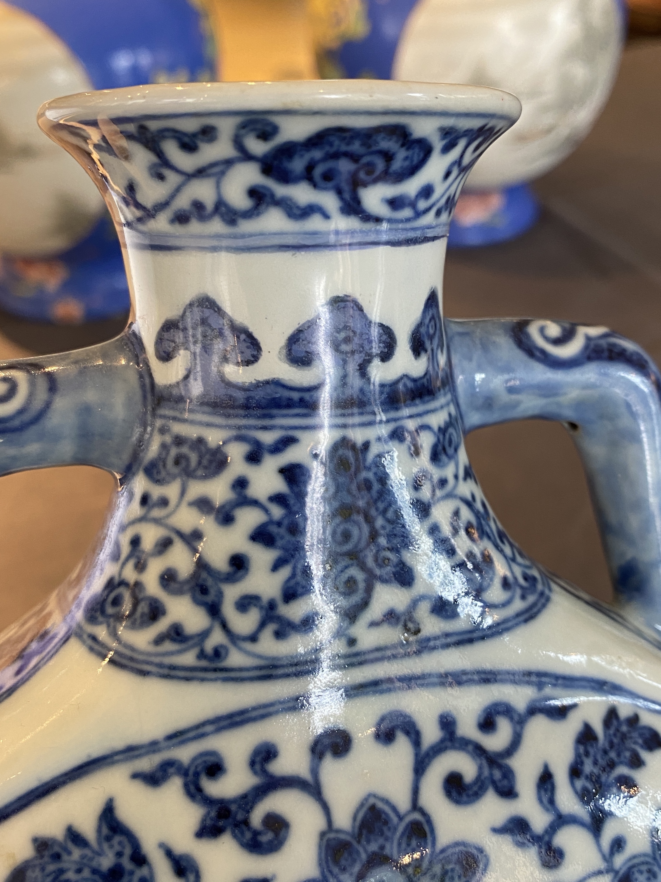 A Chinese blue and white Ming-style 'peaches' moonflask or 'bianhu', Jiaqing mark and of the period - Image 12 of 25