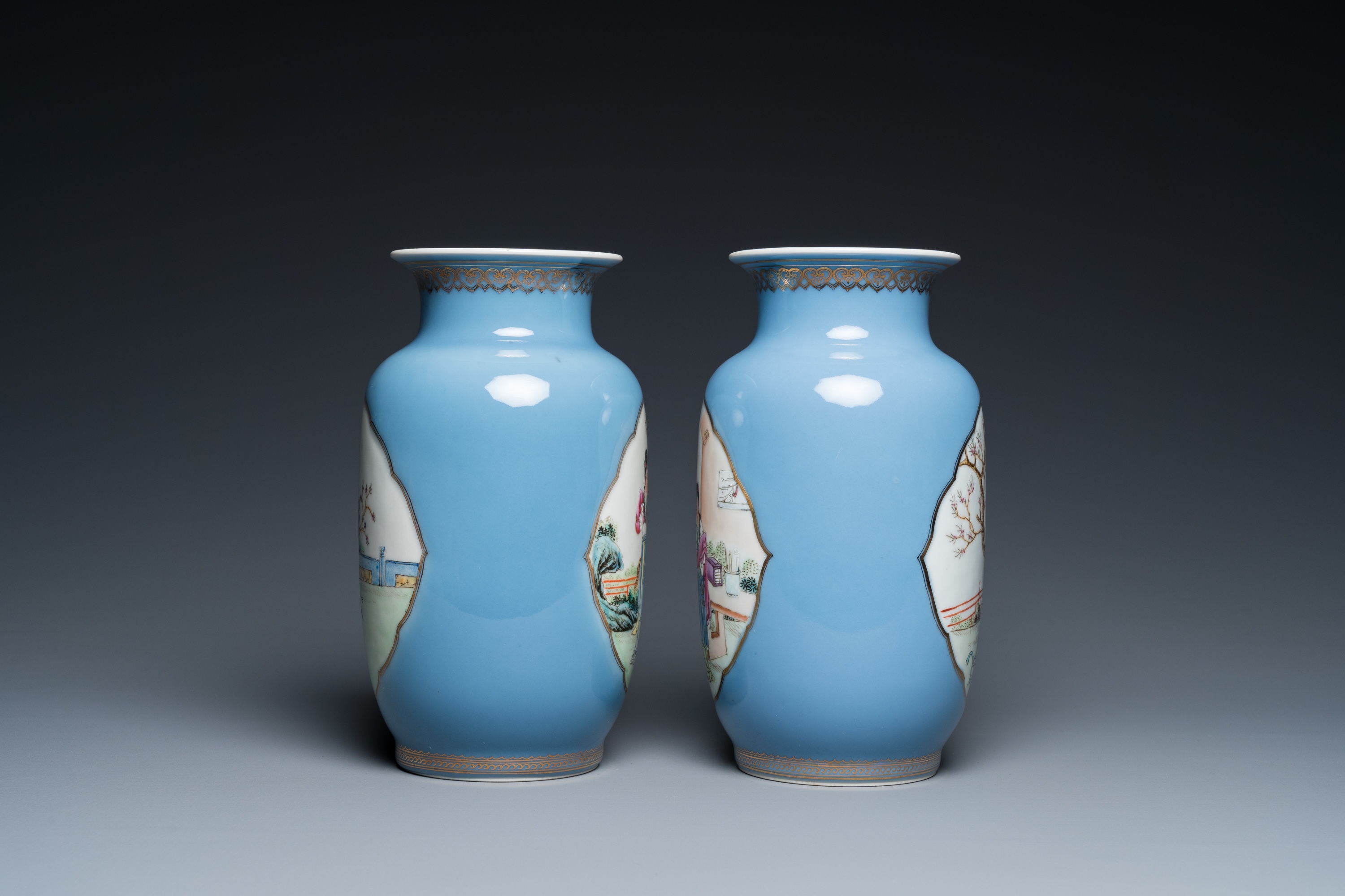 A pair of Chinese famille rose lavender blue-ground vases, Qianlong mark, Republic - Image 4 of 6