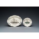 An English creamware maritime subject dish and plate inscribed 'Joannes and Agnes van den Hove - Ost