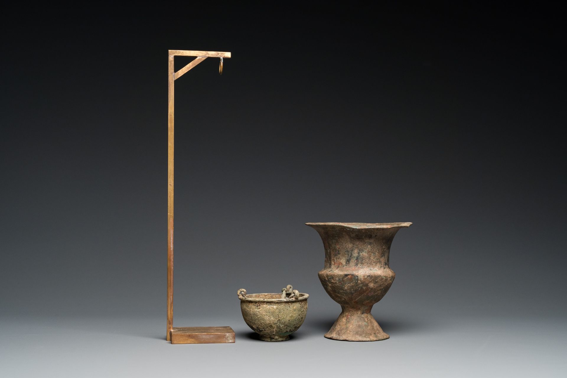A Byzantine or Roman bronze vase and a hanging incense burner, 5/7th C. - Image 7 of 9